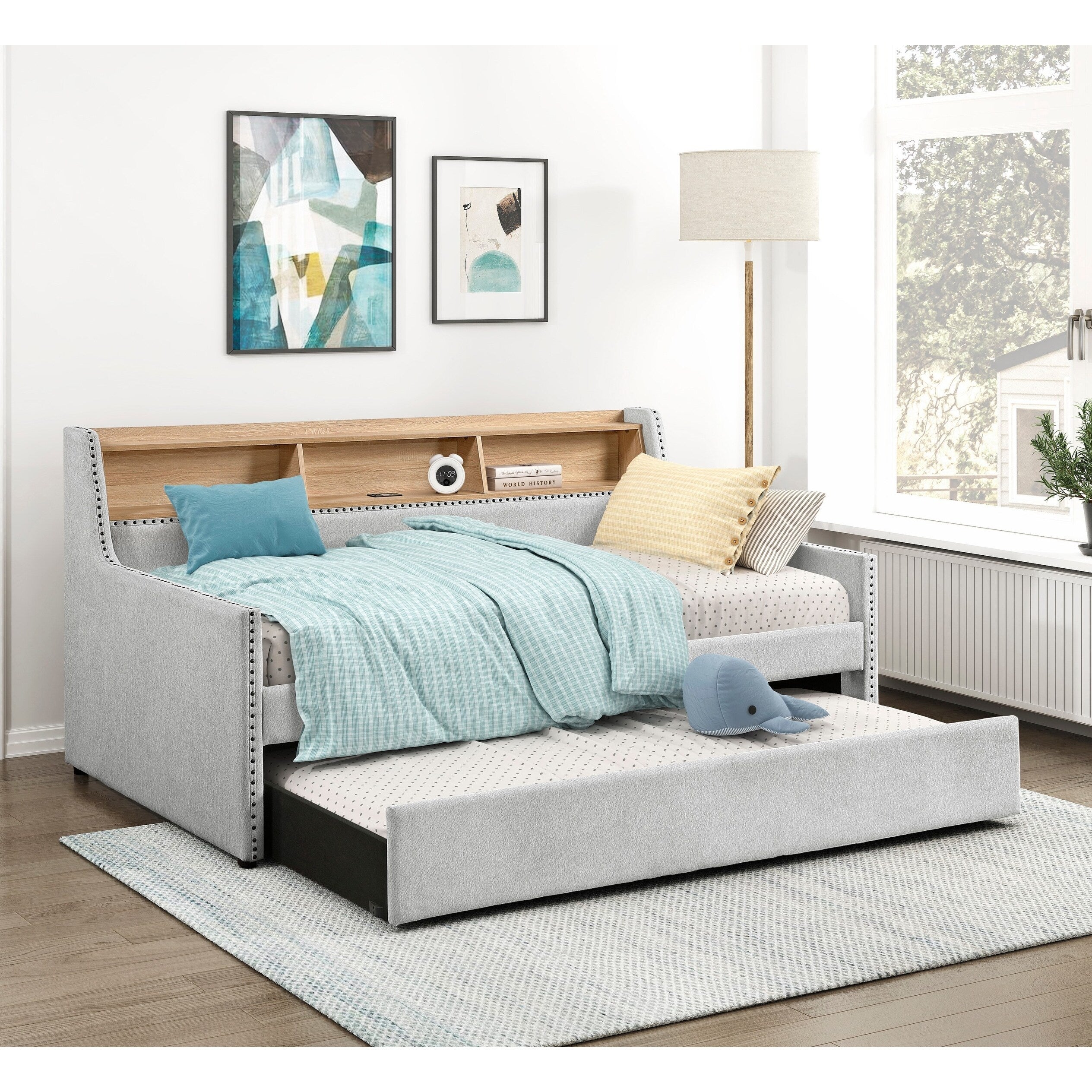 1pc Light Gray Daybed with Pull-Out Trundle Bookcase Side Panel Charging Ports Nailhead Trim Modern Design Furniture