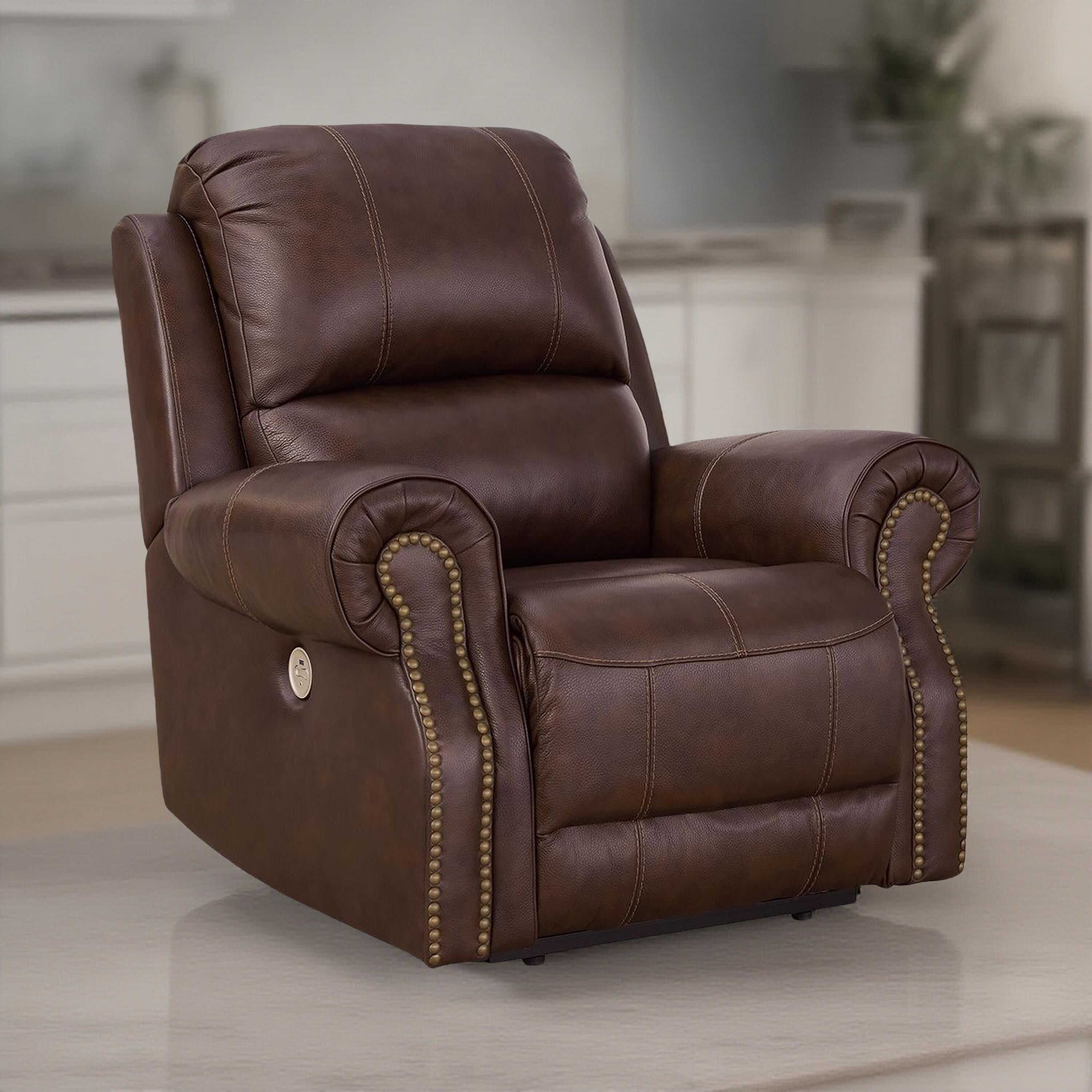Freye Power Recliner, USB, Zero Wall Dark Brown Leather, Nailhead Trim