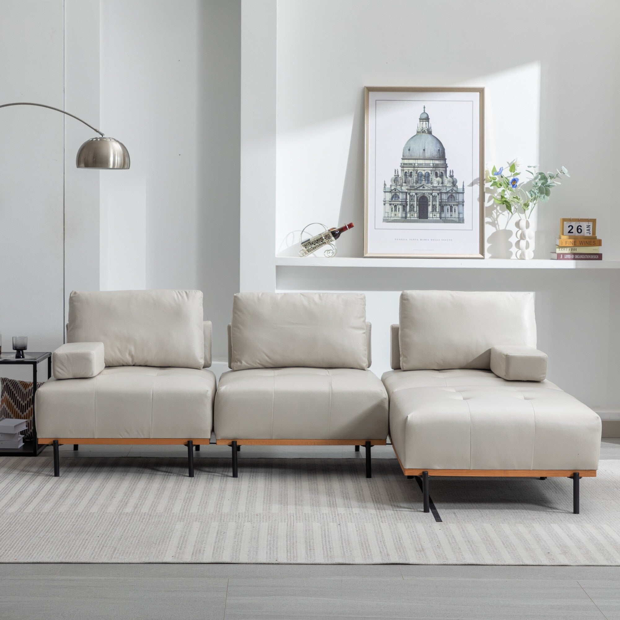 100.7'' Fabric L-Shaped Sofa with Movable Ottoman and Metal Legs