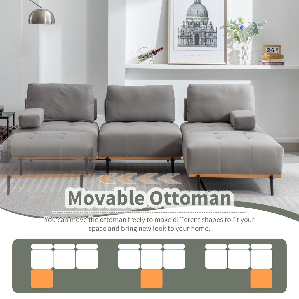 100.7'' Fabric L-Shaped Sofa with Movable Ottoman and Metal Legs