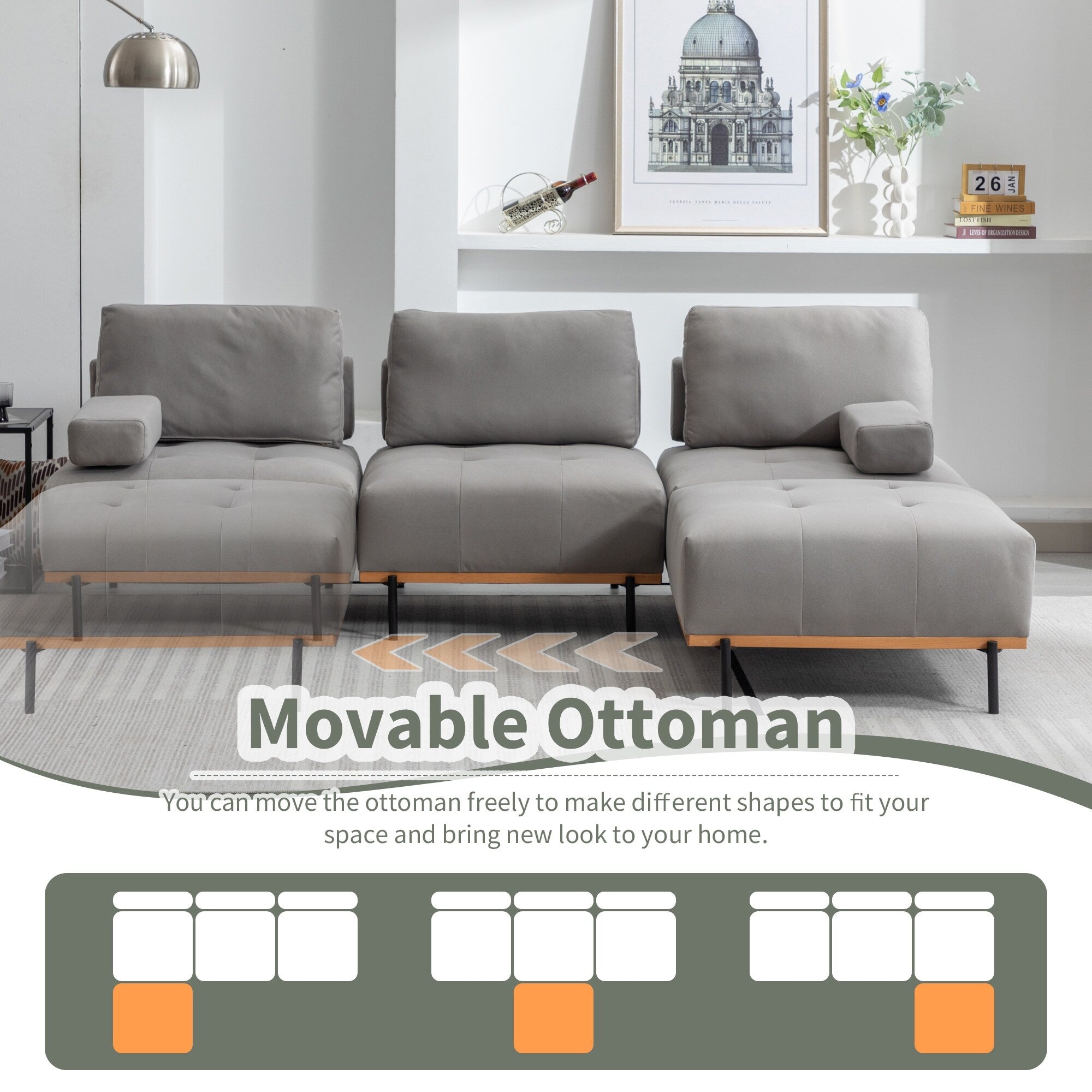 100.7'' Fabric L-Shaped Sofa with Movable Ottoman and Metal Legs