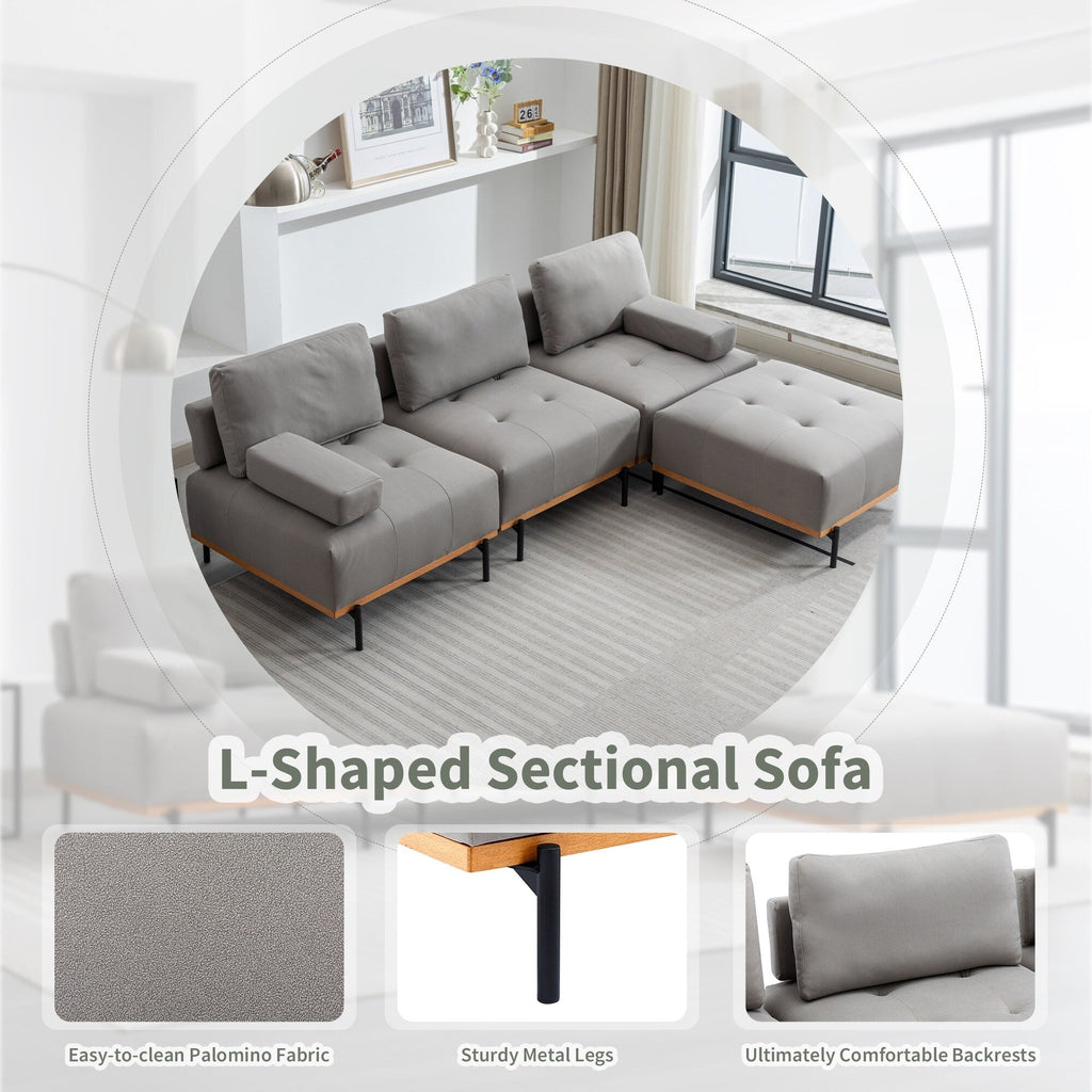 100.7'' Fabric L-Shaped Sofa with Movable Ottoman and Metal Legs