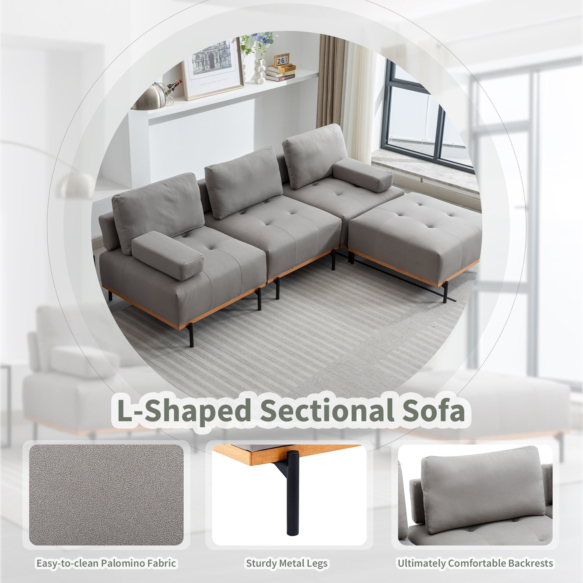100.7'' Fabric L-Shaped Sofa with Movable Ottoman and Metal Legs