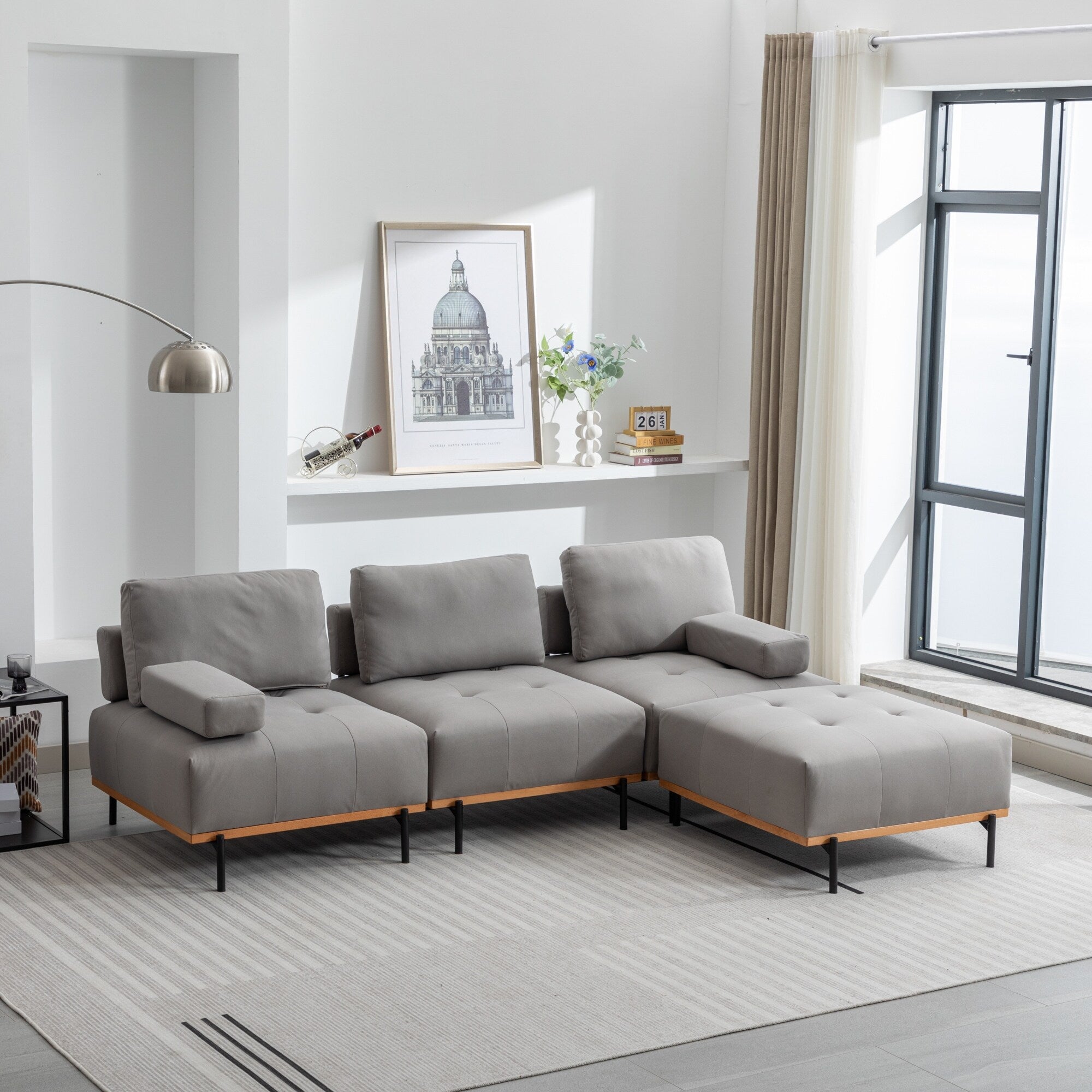 100.7'' Fabric L-Shaped Sofa with Movable Ottoman and Metal Legs