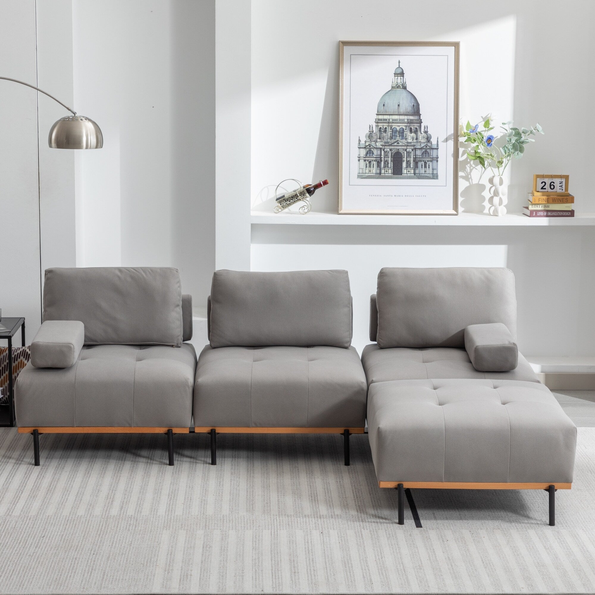 100.7'' Fabric L-Shaped Sofa with Movable Ottoman and Metal Legs