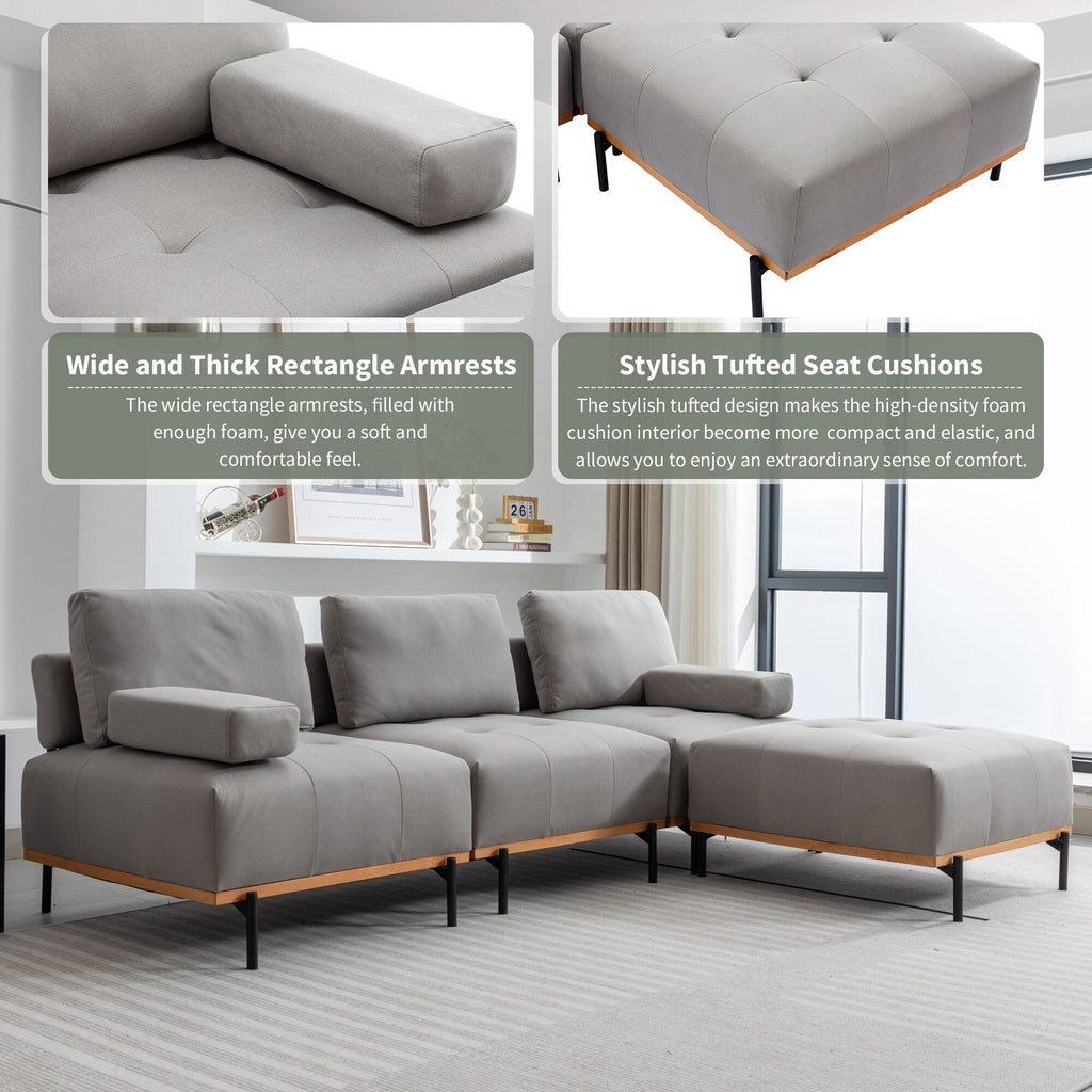 100.7'' Fabric L-Shaped Sofa with Movable Ottoman and Metal Legs