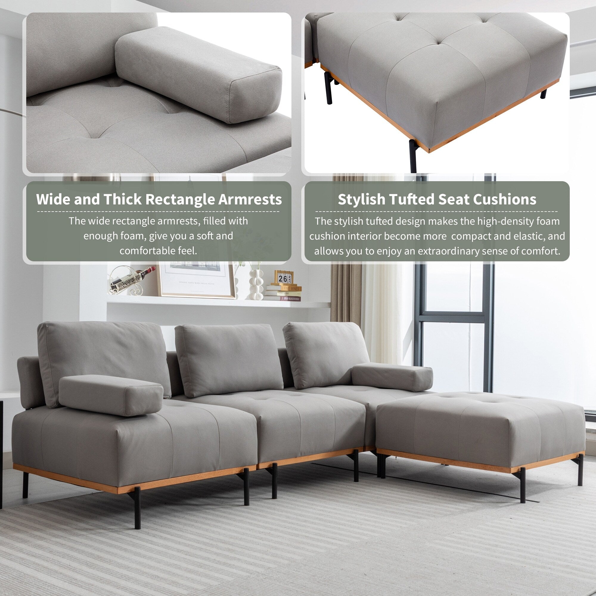 100.7'' Fabric L-Shaped Sofa with Movable Ottoman and Metal Legs