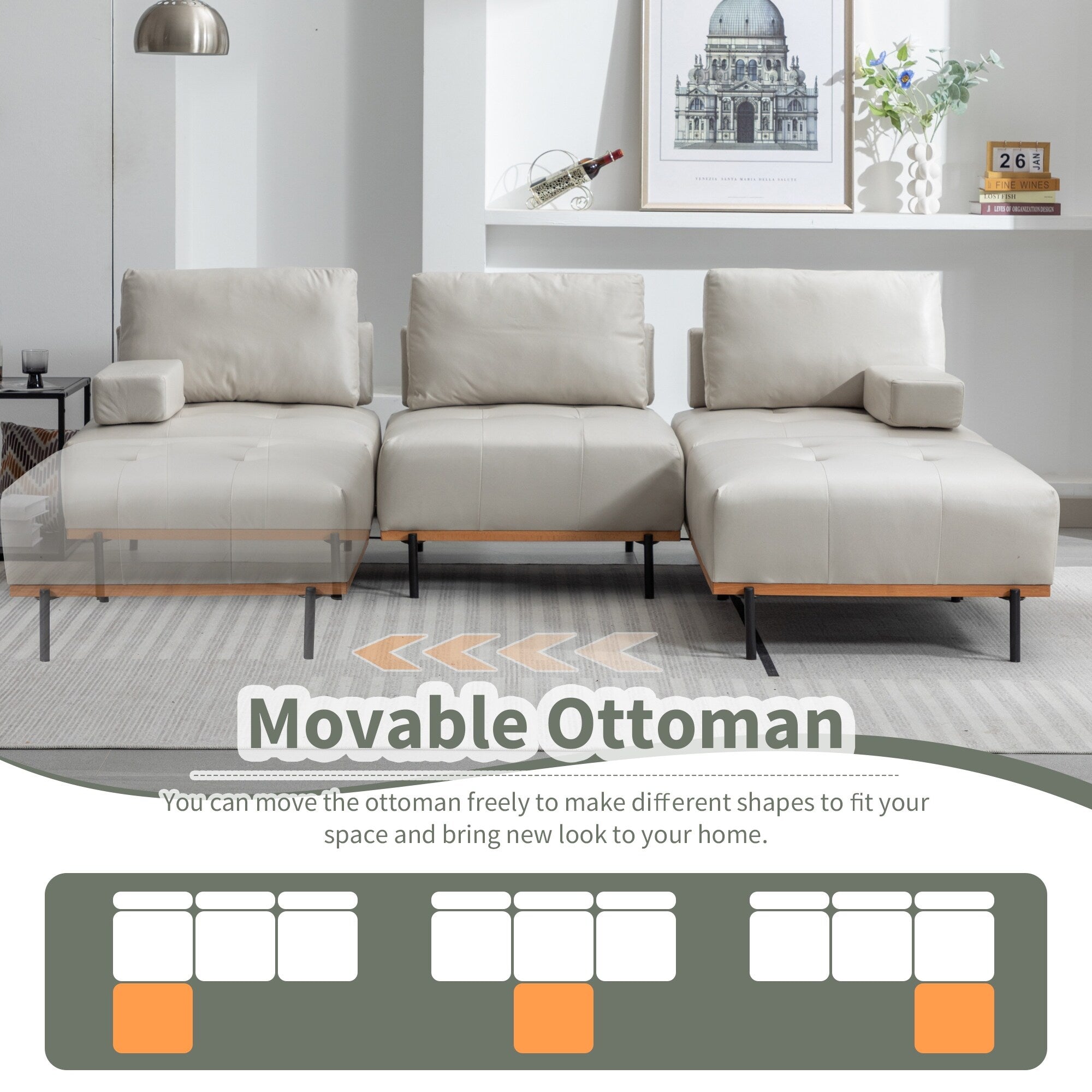 100.7'' Fabric L-Shaped Sofa with Movable Ottoman and Metal Legs