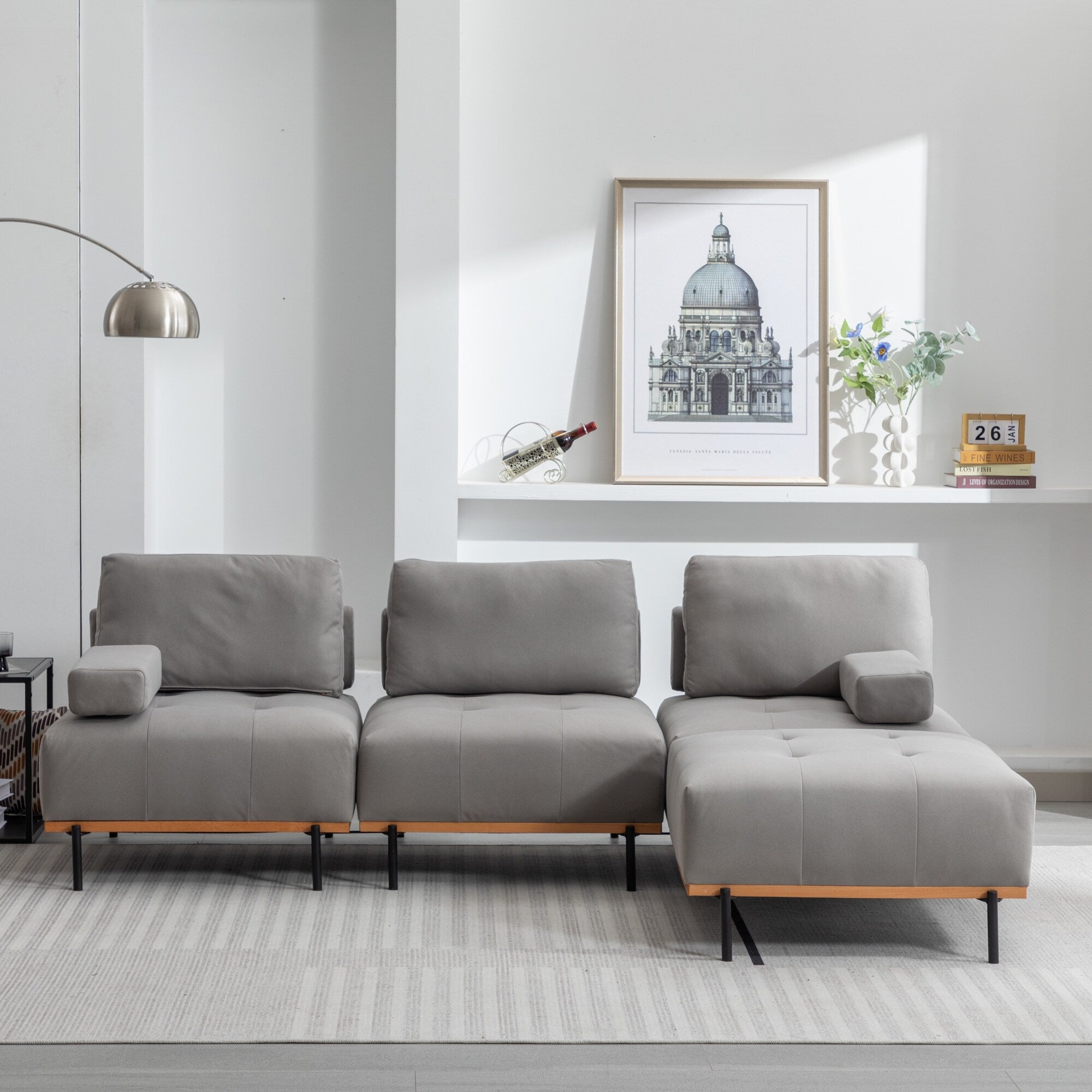 100.7'' Fabric L-Shaped Sofa with Movable Ottoman and Metal Legs