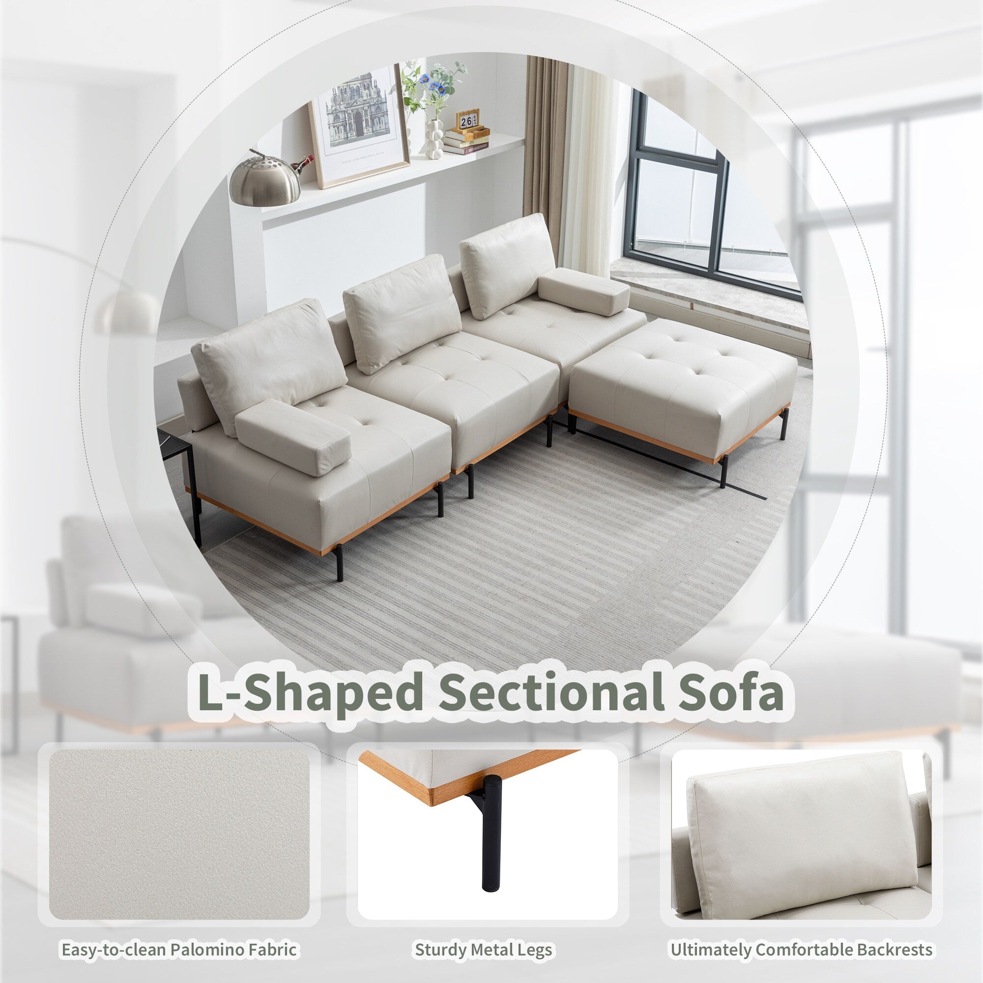 100.7'' Fabric L-Shaped Sofa with Movable Ottoman and Metal Legs