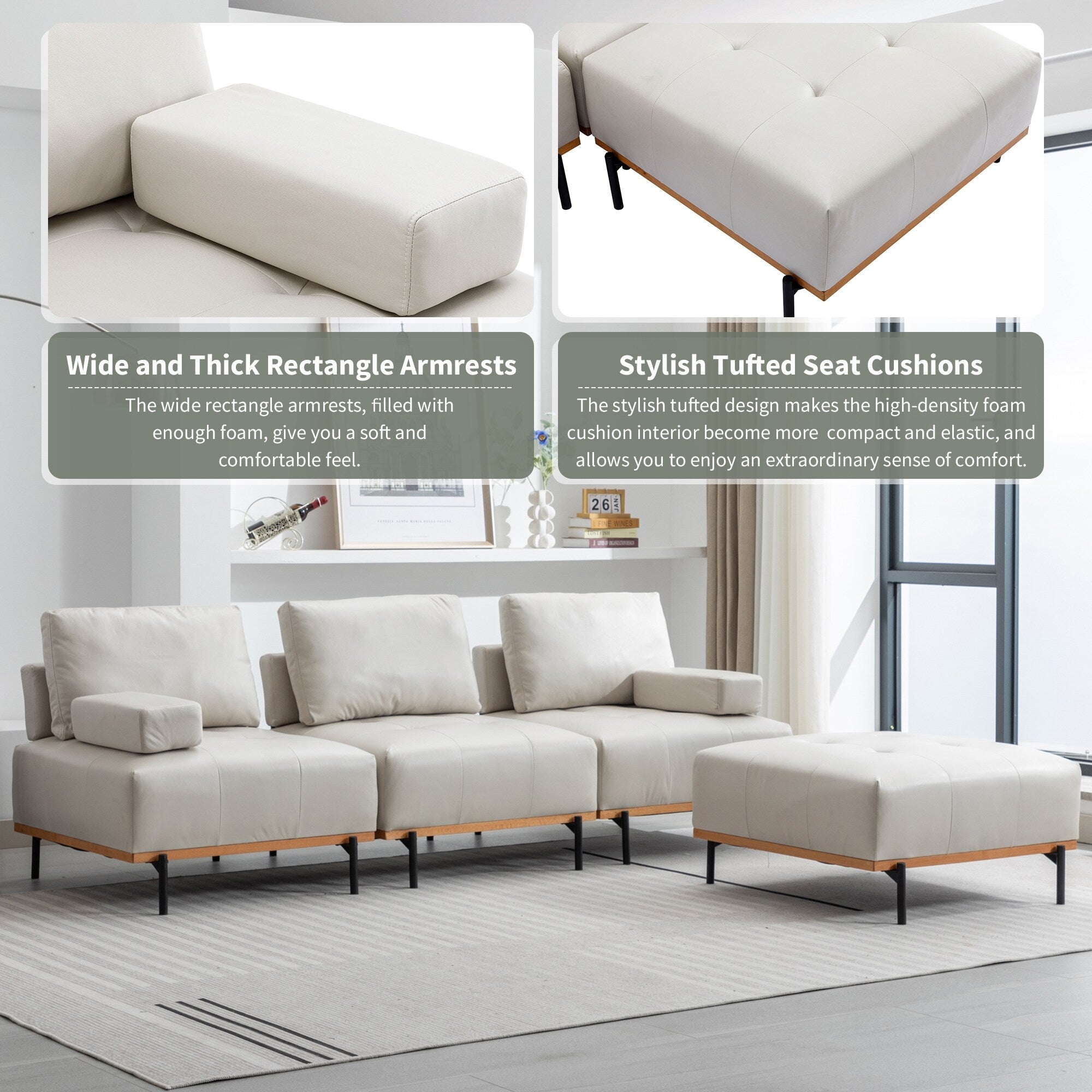 100.7'' Fabric L-Shaped Sofa with Movable Ottoman and Metal Legs