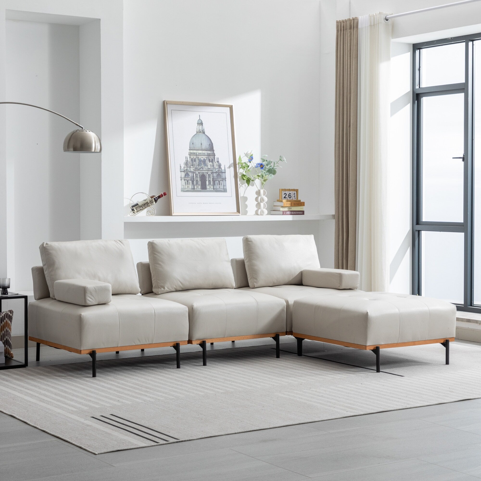 100.7'' Fabric L-Shaped Sofa with Movable Ottoman and Metal Legs