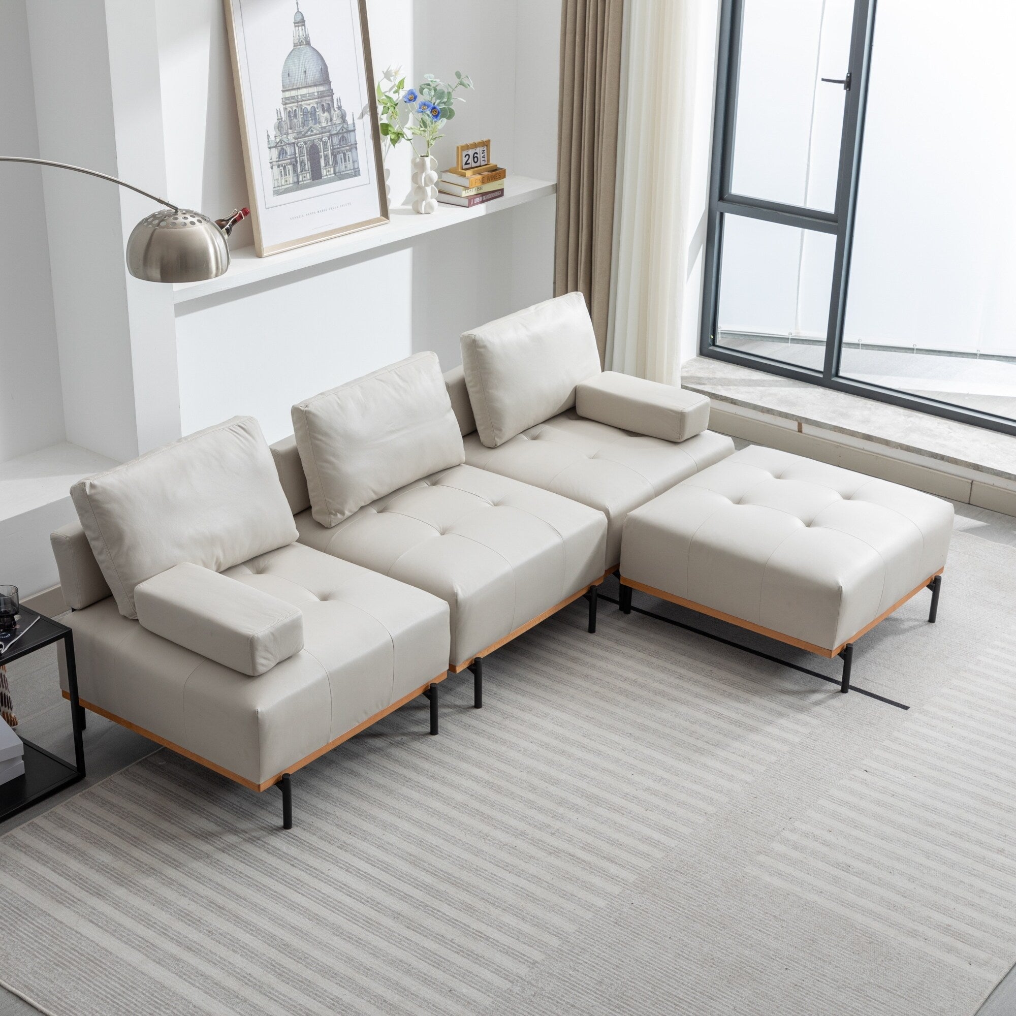 100.7'' Fabric L-Shaped Sofa with Movable Ottoman and Metal Legs