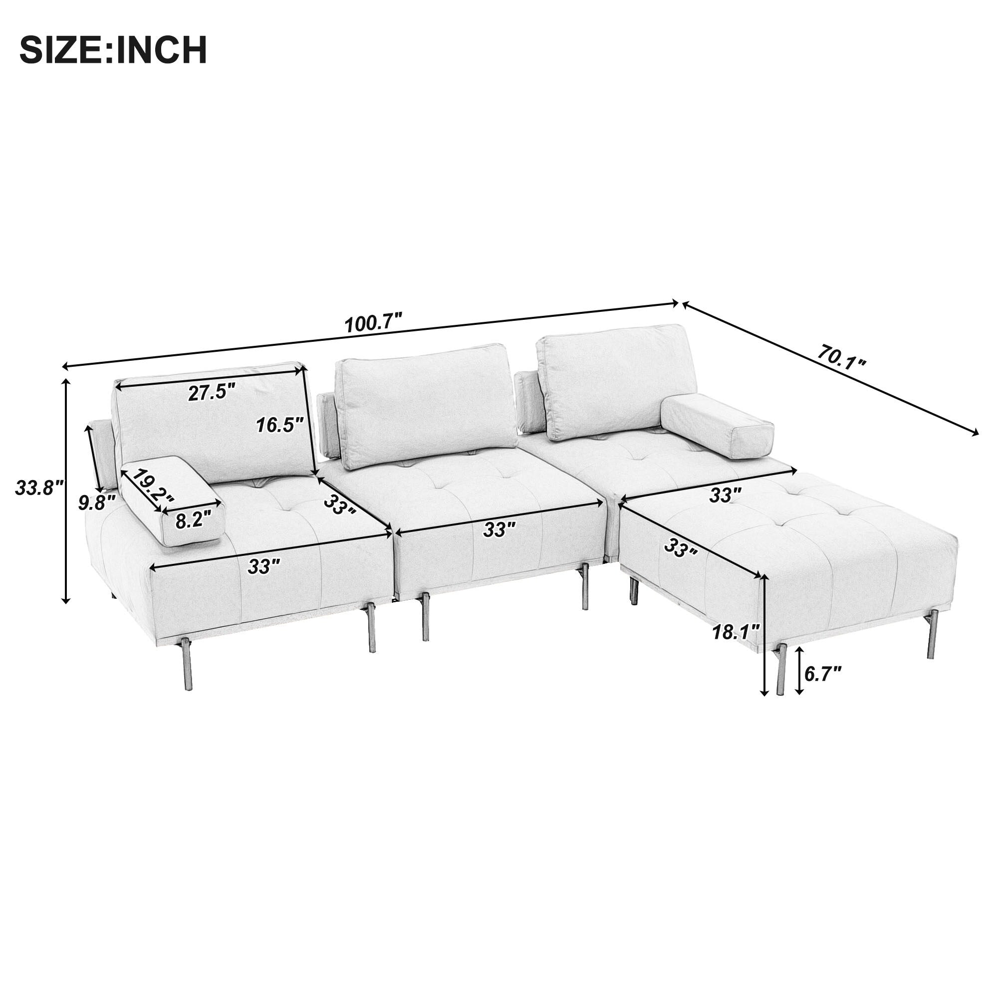 100.7'' Fabric L-Shaped Sofa with Movable Ottoman and Metal Legs