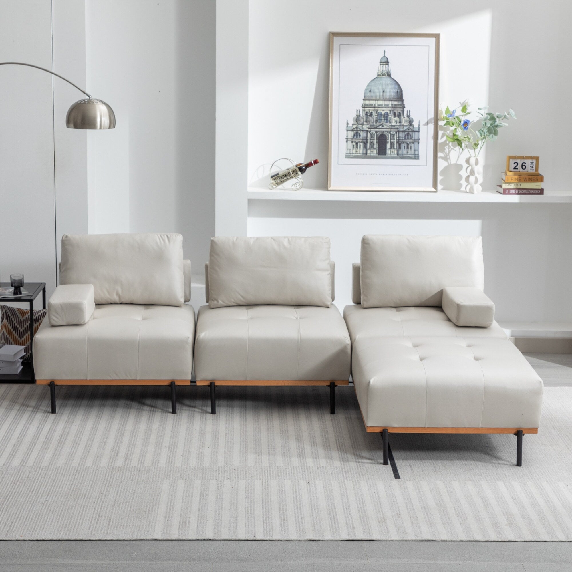 100.7'' Fabric L-Shaped Sofa with Movable Ottoman and Metal Legs