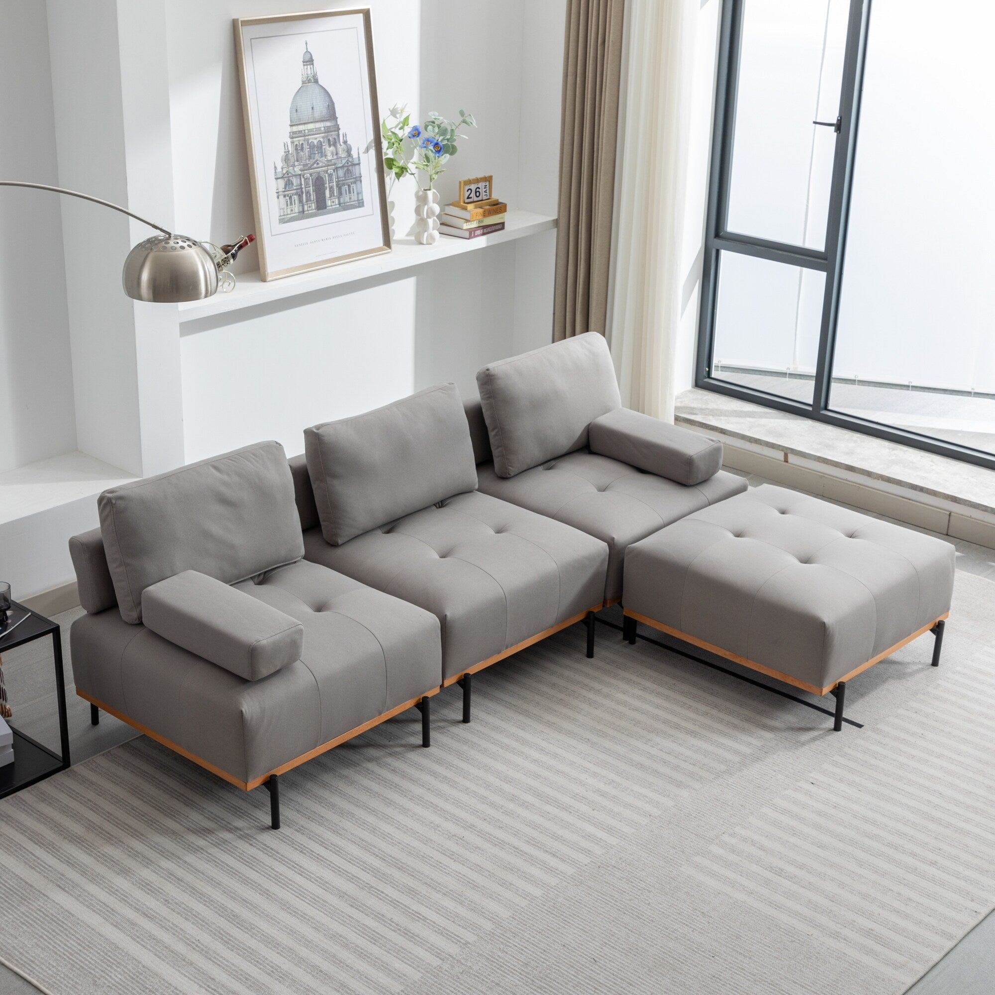 100.7'' Fabric L-Shaped Sofa with Movable Ottoman and Metal Legs