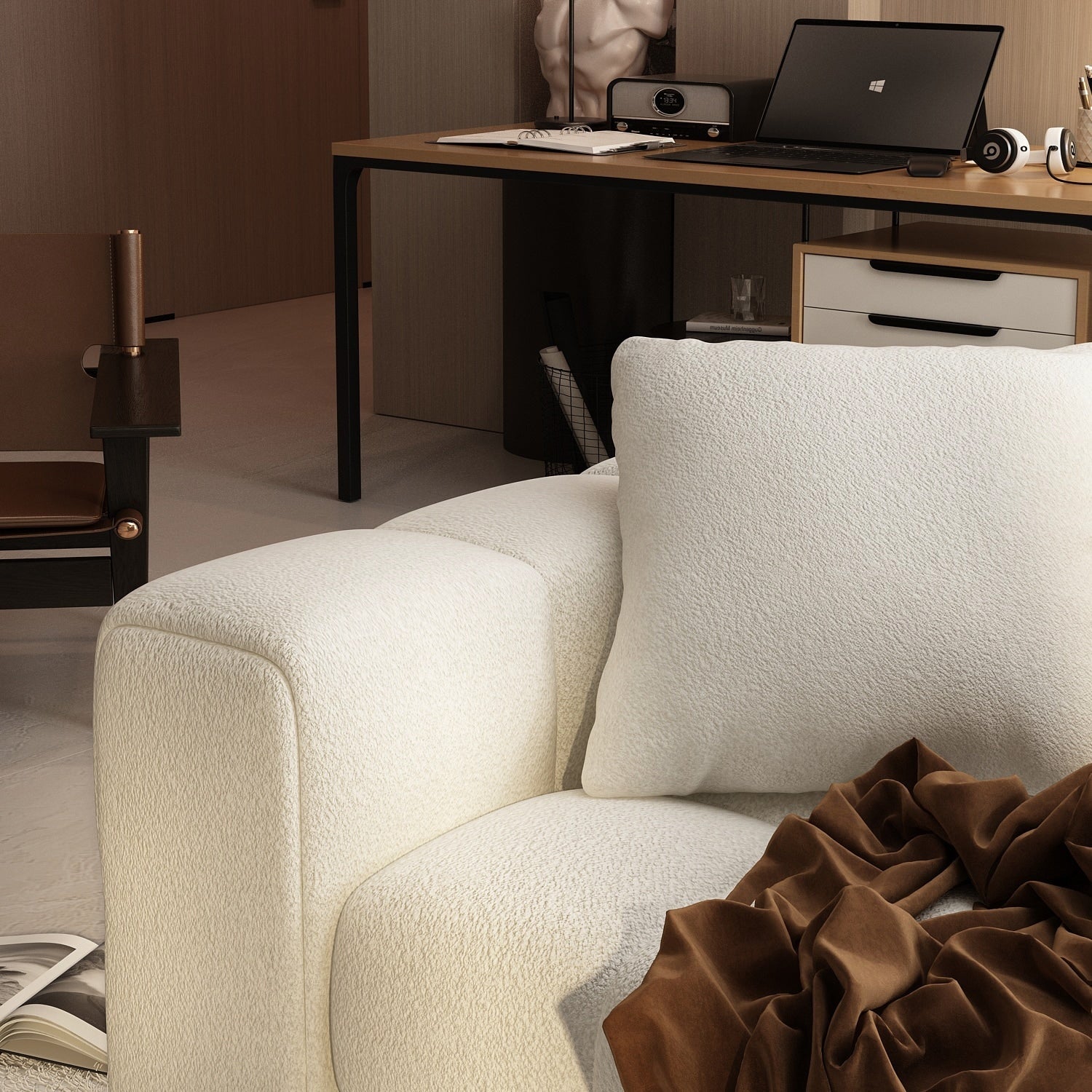 100.8W Wooden Frame Teddy Velvet Sofa in White Couch 4 Person
