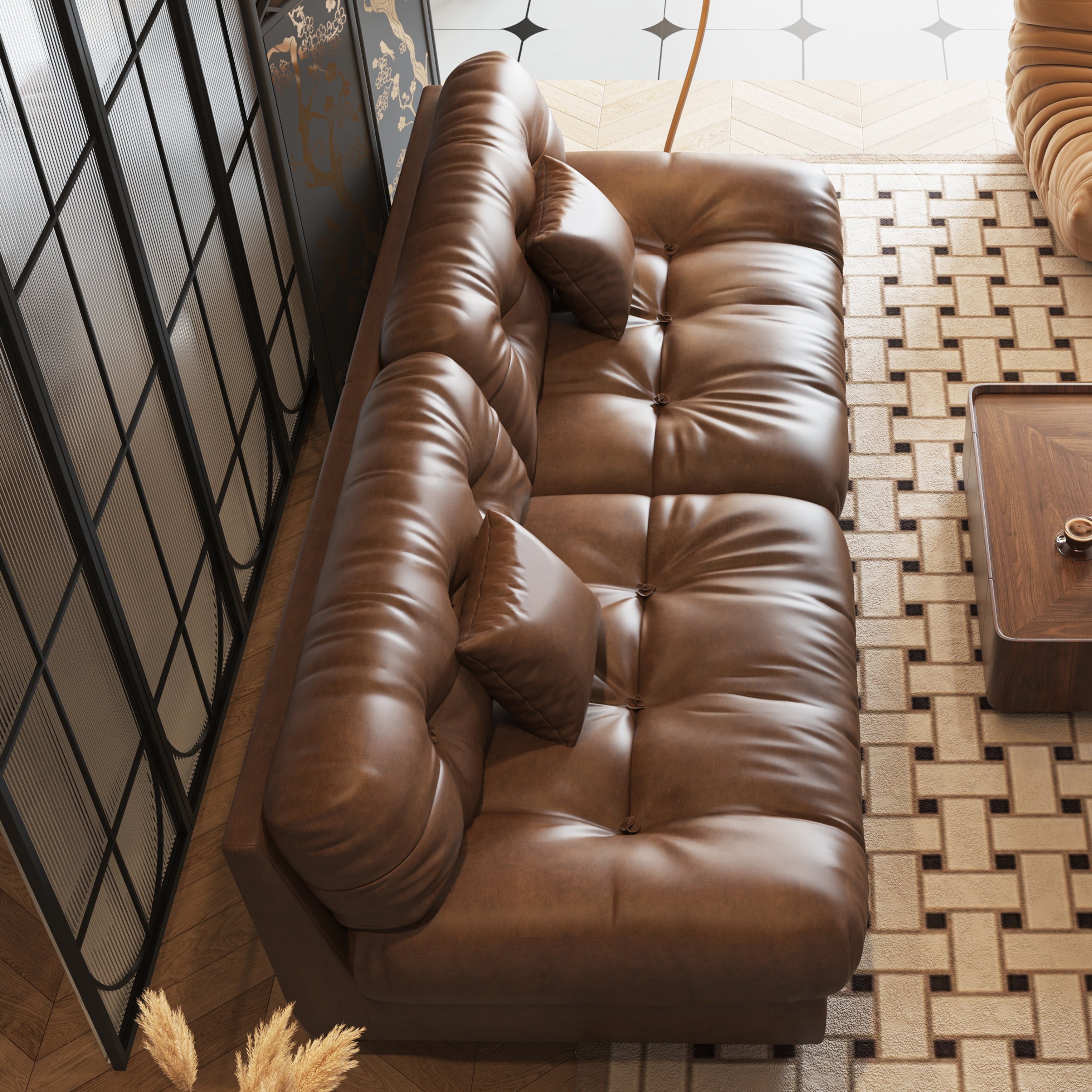 102.4 3-Seat Mid-Century Leather Feather Sofa - 110.2 x 31.9