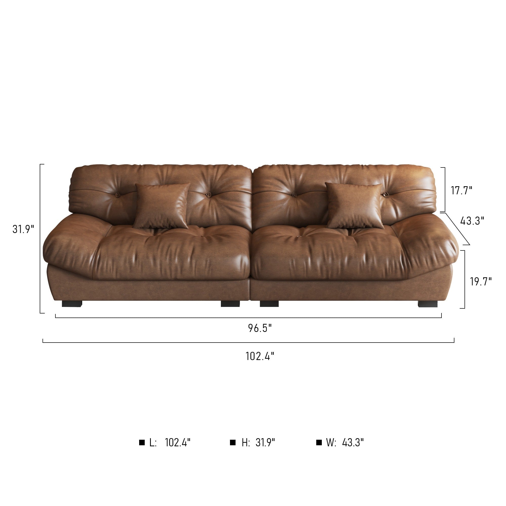102.4 3-Seat Mid-Century Leather Feather Sofa - 110.2 x 31.9