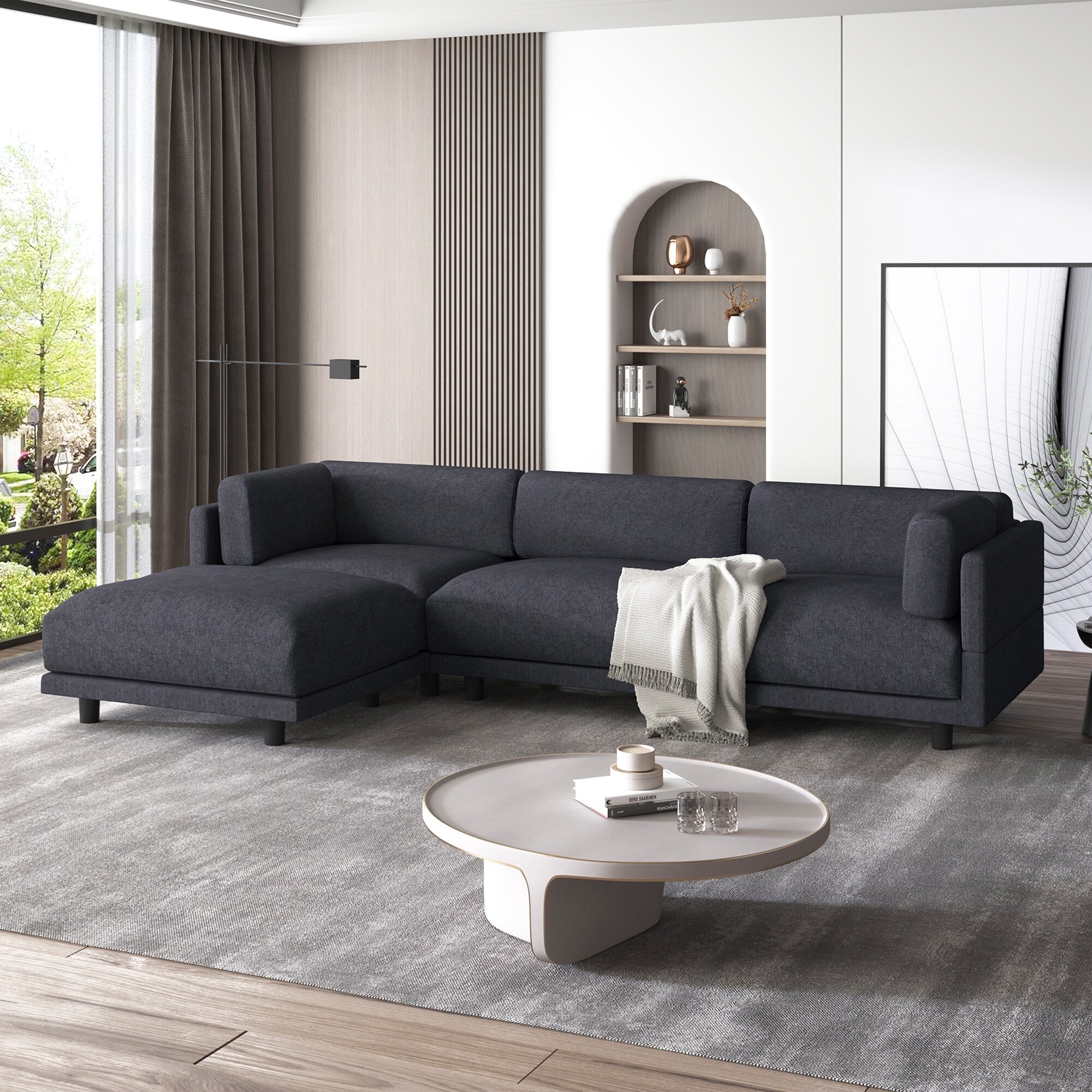 102.4 L-Shaped Polyester Sectional Sofa with Reversible Footstool, Thick Cushions, and Plastic Legs