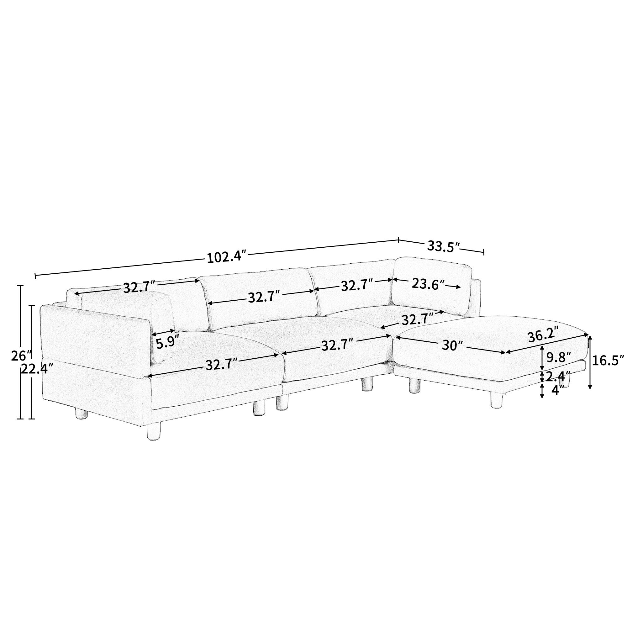102.4 L-Shaped Polyester Sectional Sofa with Reversible Footstool, Thick Cushions, and Plastic Legs