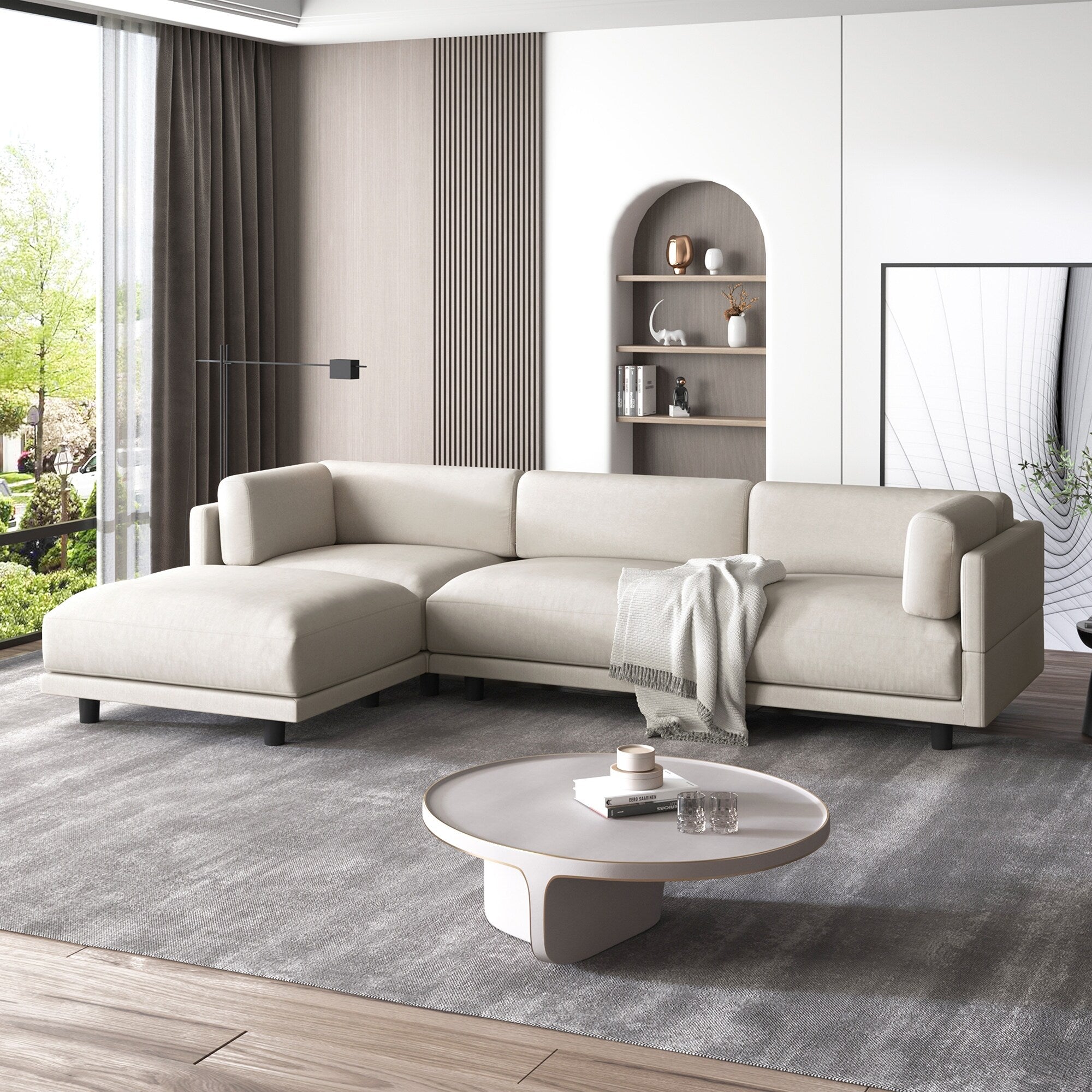 102.4 L-Shaped Polyester Sectional Sofa with Reversible Footstool, Thick Cushions, and Plastic Legs