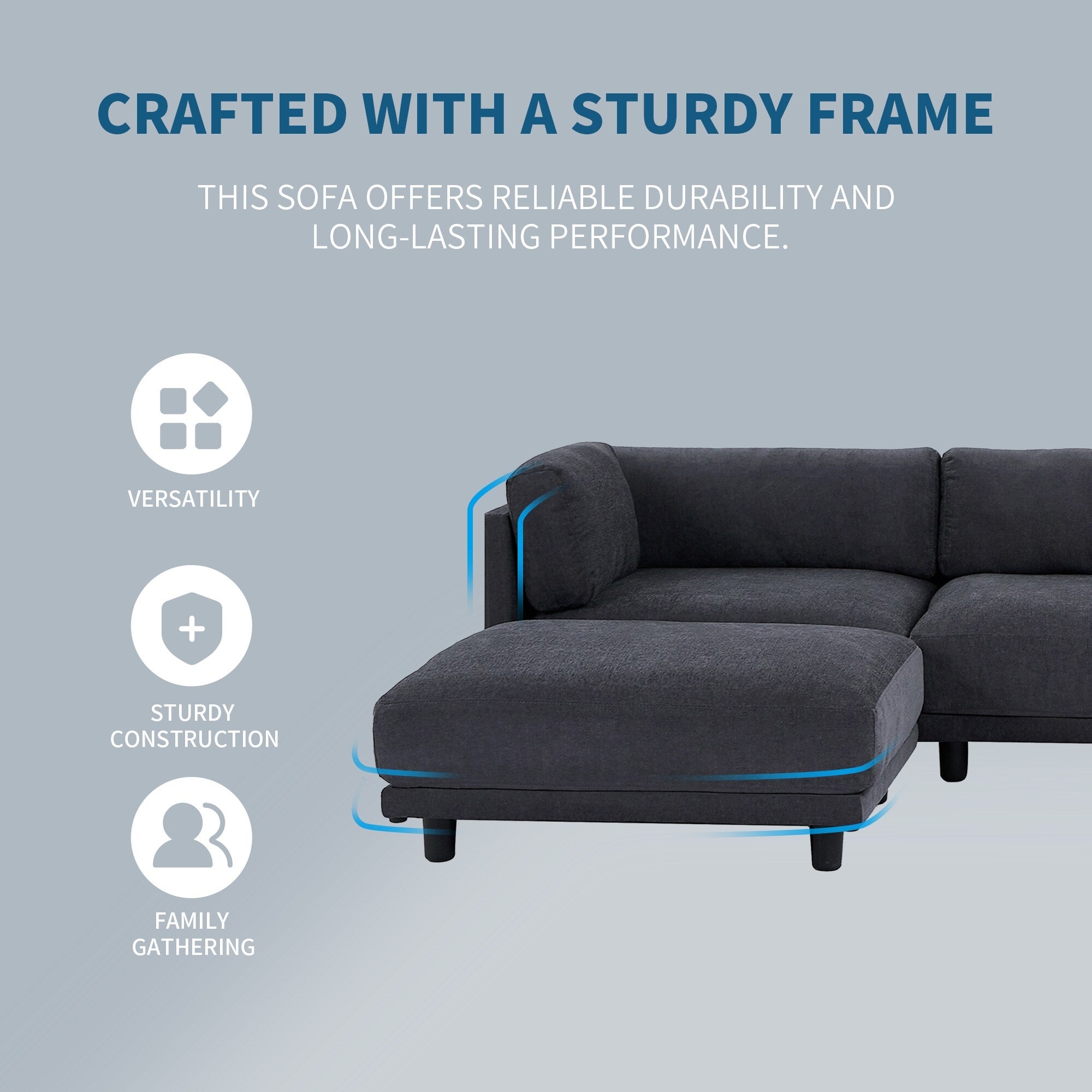 102.4 L-Shaped Polyester Sectional Sofa with Reversible Footstool, Thick Cushions, and Plastic Legs