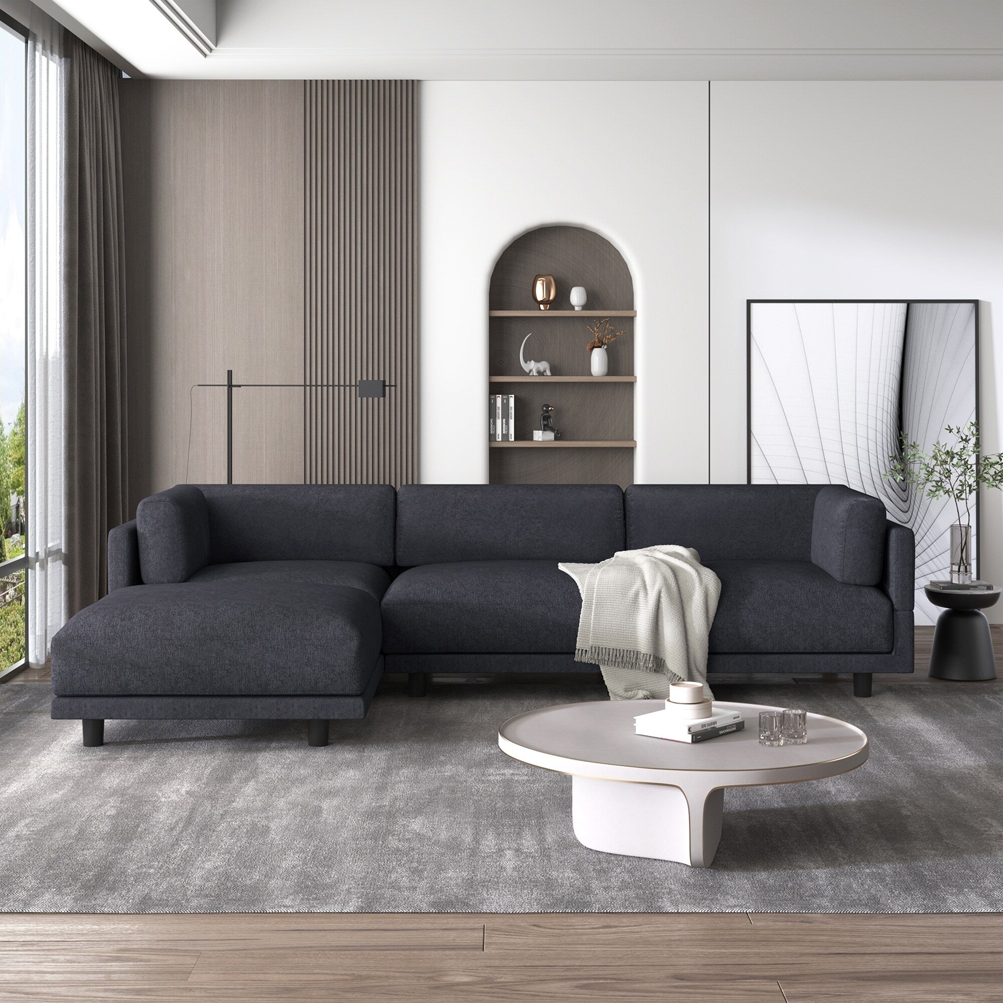 102.4'' Polyester L-Shaped Sofa with Reversible Footstool