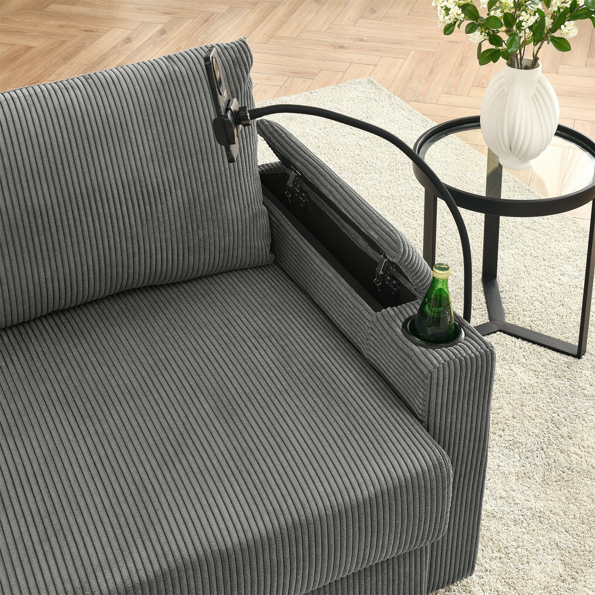 102 Corduroy Modern 3-Seater Sofa Deep Seat with Cup Holders & Phone Holder