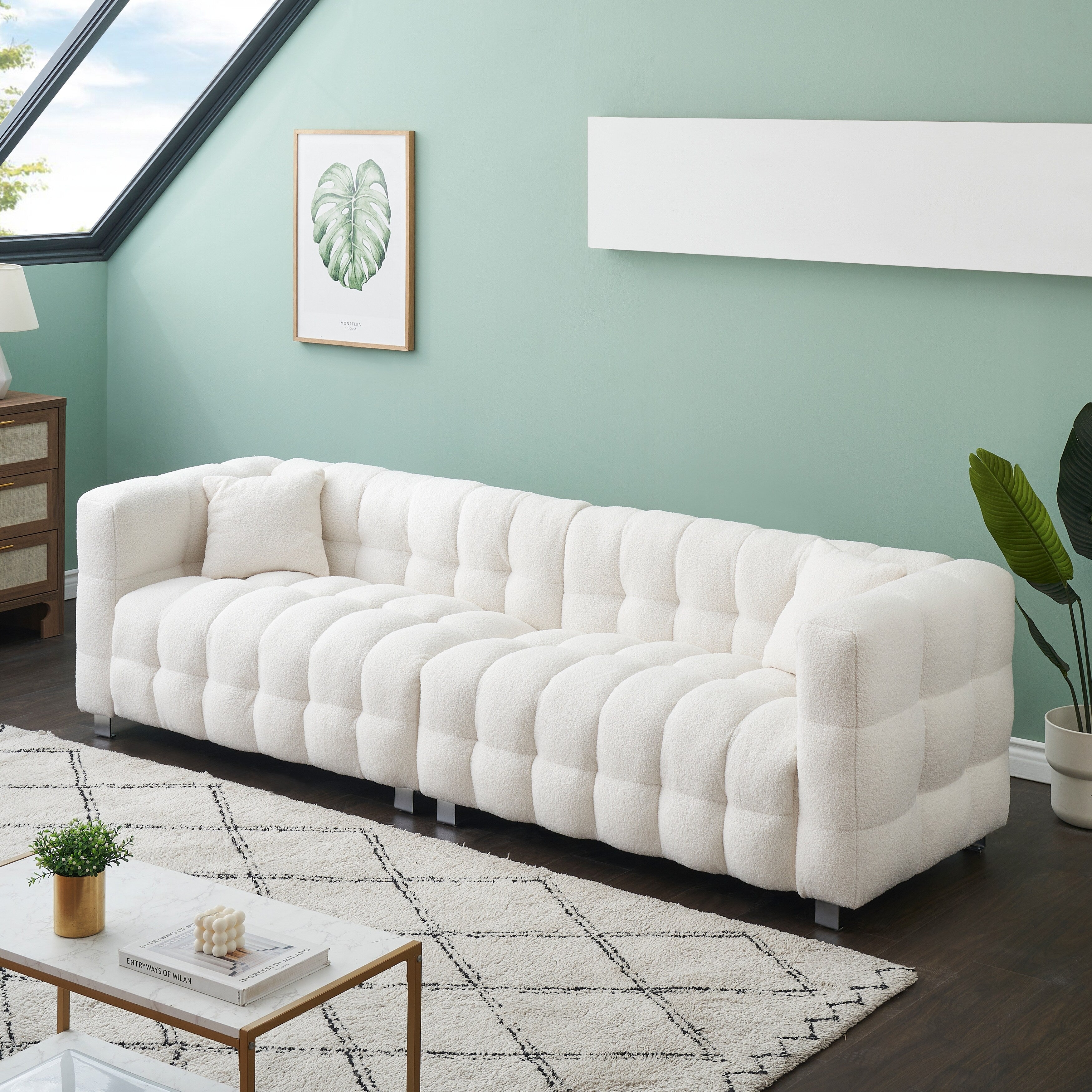102'' Teddy Velvet 4-Seater Sofa with Metal Legs and Throw Pillows, Modern Multi-Directional Design for Living Room