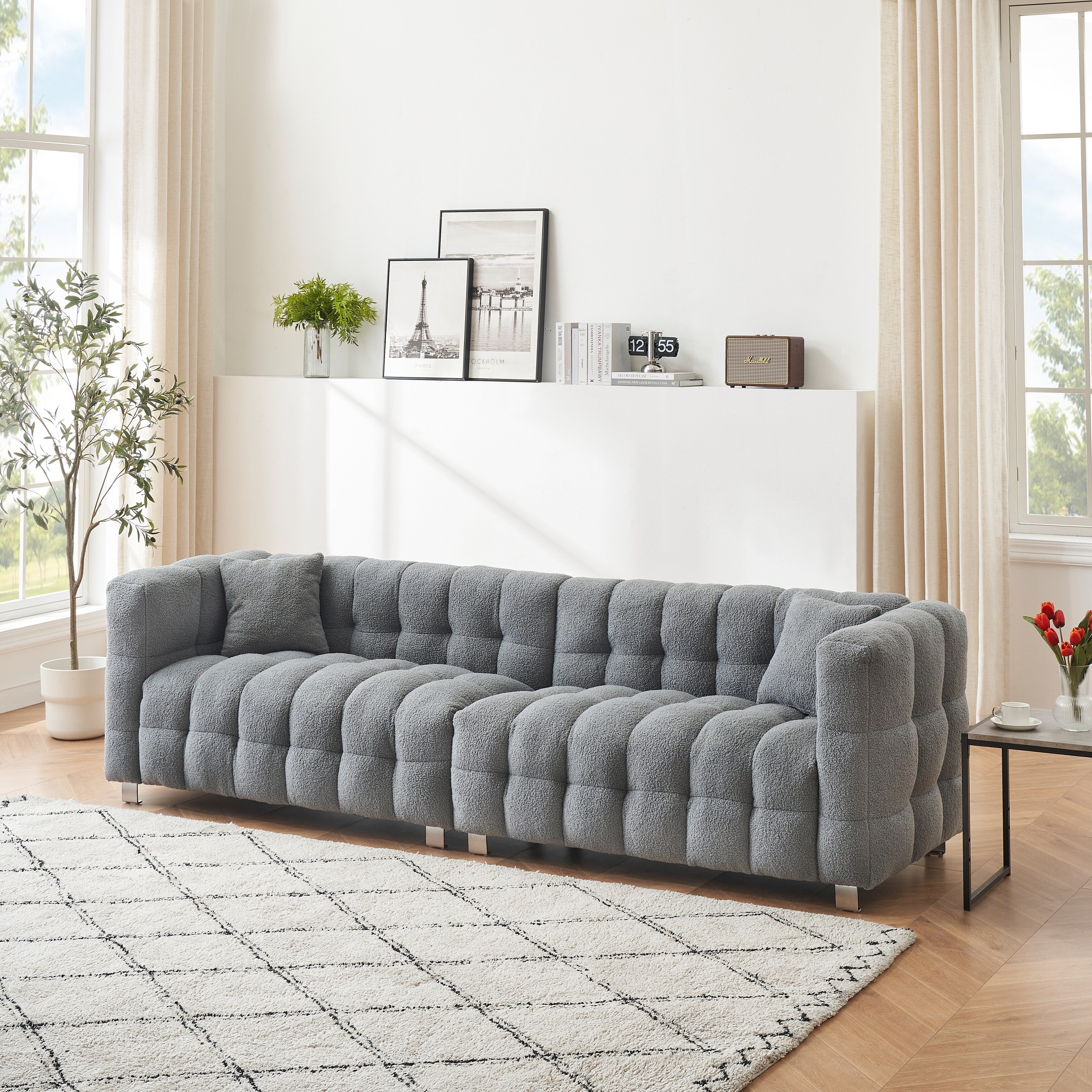 102'' Teddy Velvet 4-Seater Sofa with Metal Legs and Throw Pillows, Modern Multi-Directional Design for Living Room