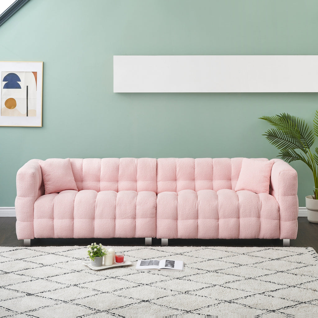 102'' Teddy Velvet 4-Seater Sofa with Metal Legs and Throw Pillows, Modern Multi-Directional Design for Living Room