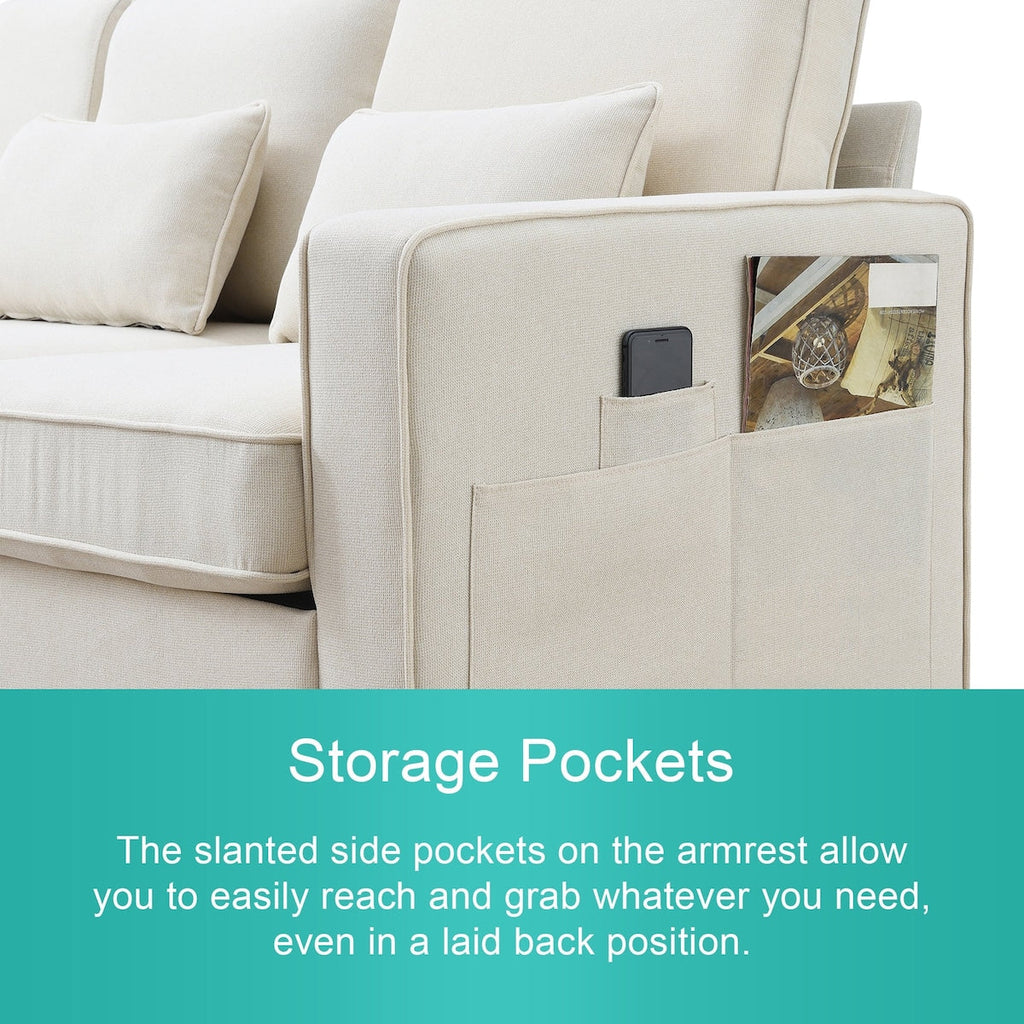 104 4-Seater Modern Linen Fabric Sofa with Armrest Pockets and 4 Pillows