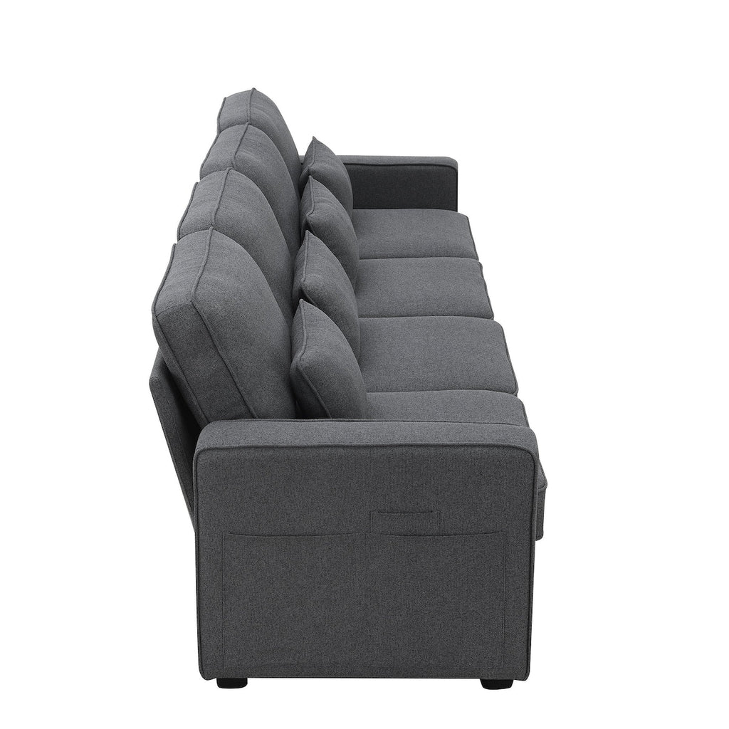 104 4-Seater Modern Linen Fabric Sofa with Armrest Pockets and 4 Pillows