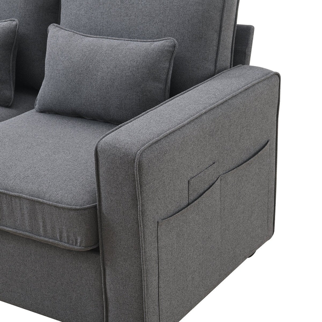 104 4-Seater Modern Linen Fabric Sofa with Armrest Pockets and 4 Pillows