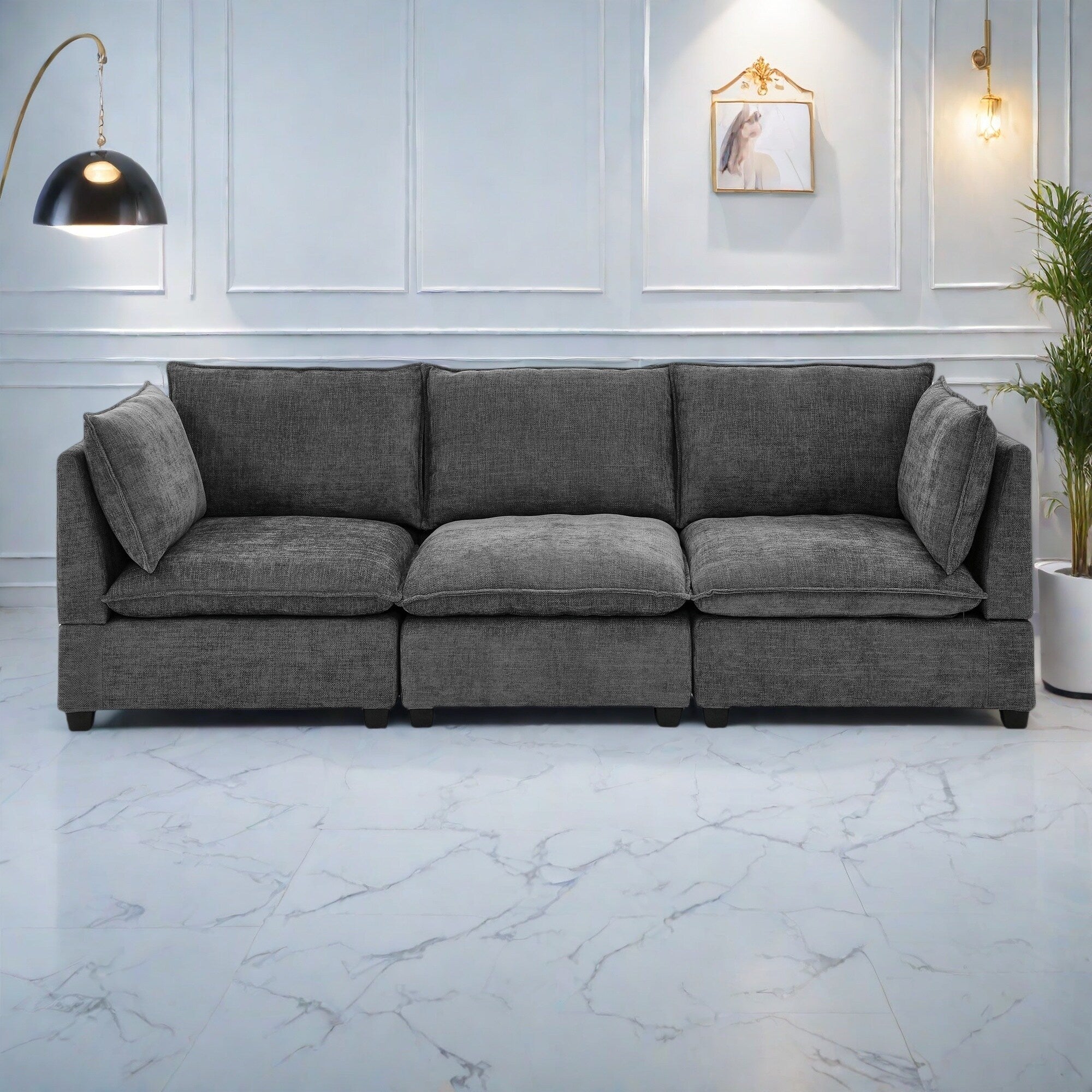 105 Chenille 3-Seater Sofa with 2-Layer Cushions, High-Resiliency Foam