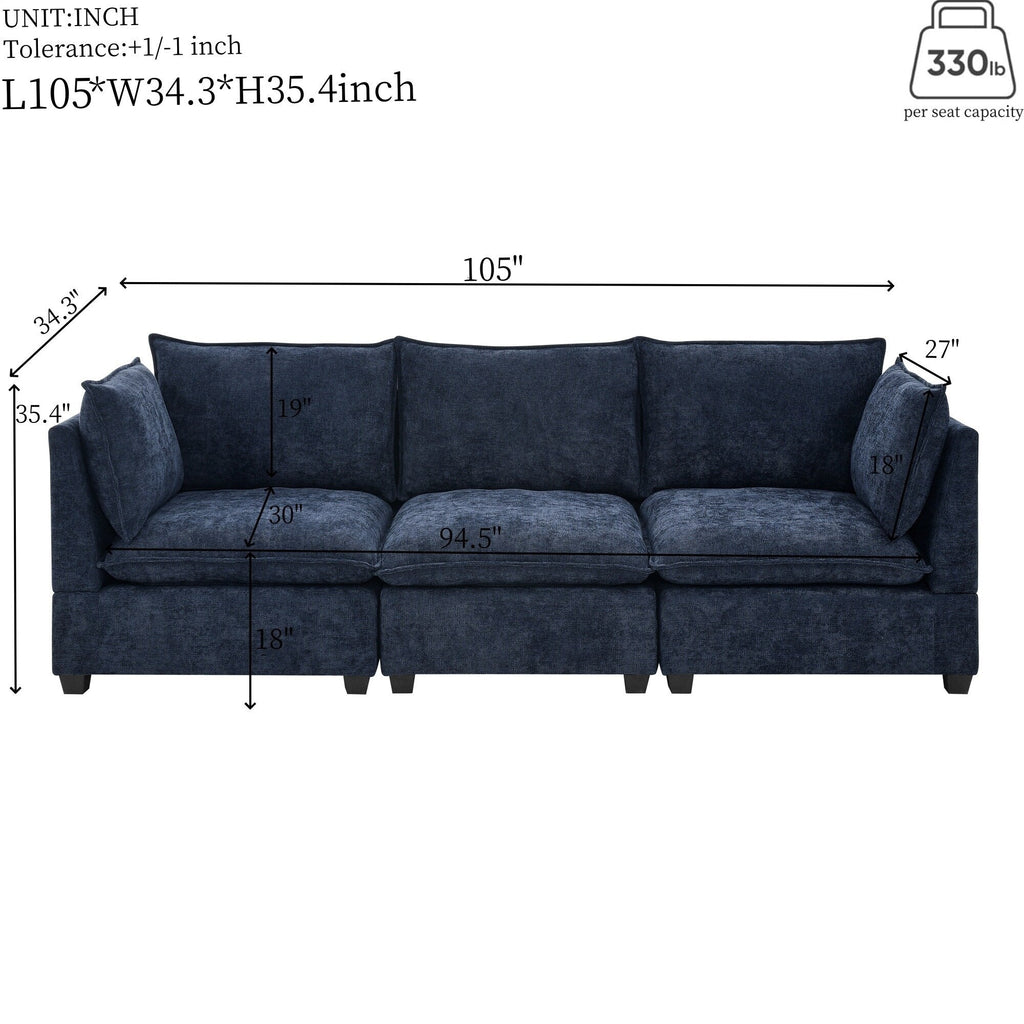 105 Chenille 3-Seater Sofa with 2-Layer Cushions, High-Resiliency Foam