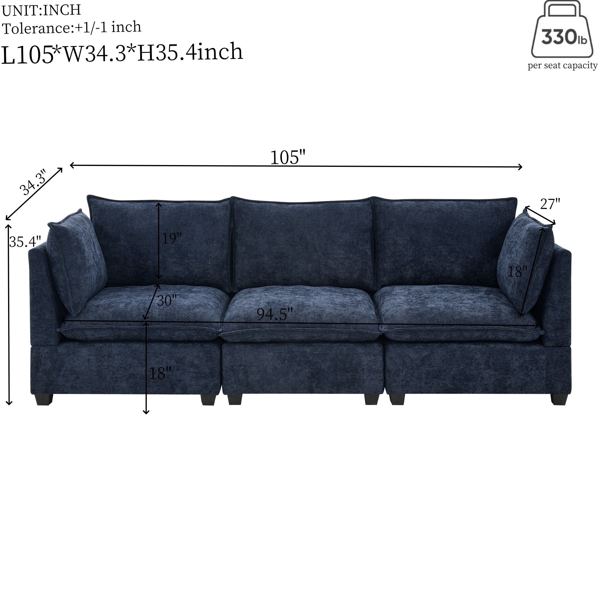 105 Chenille 3-Seater Sofa with 2-Layer Cushions, High-Resiliency Foam