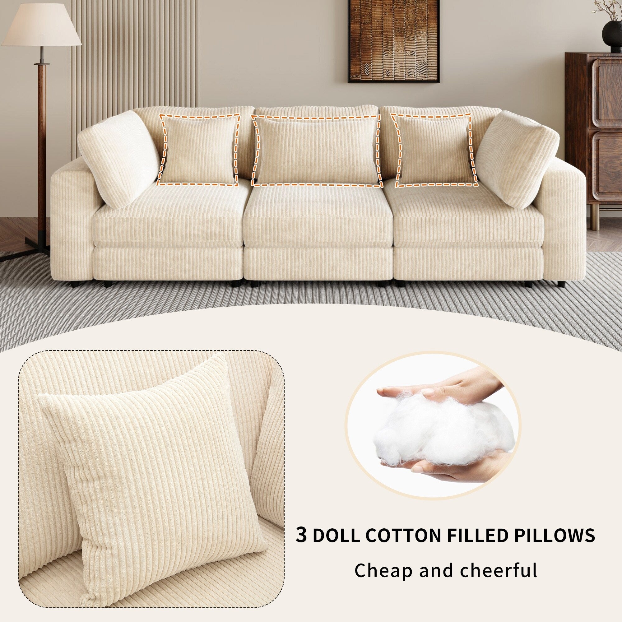 105 Corduroy Upholstered 3-seater Sofa with Removable Back Cushions and 5 Pillows for Living Room