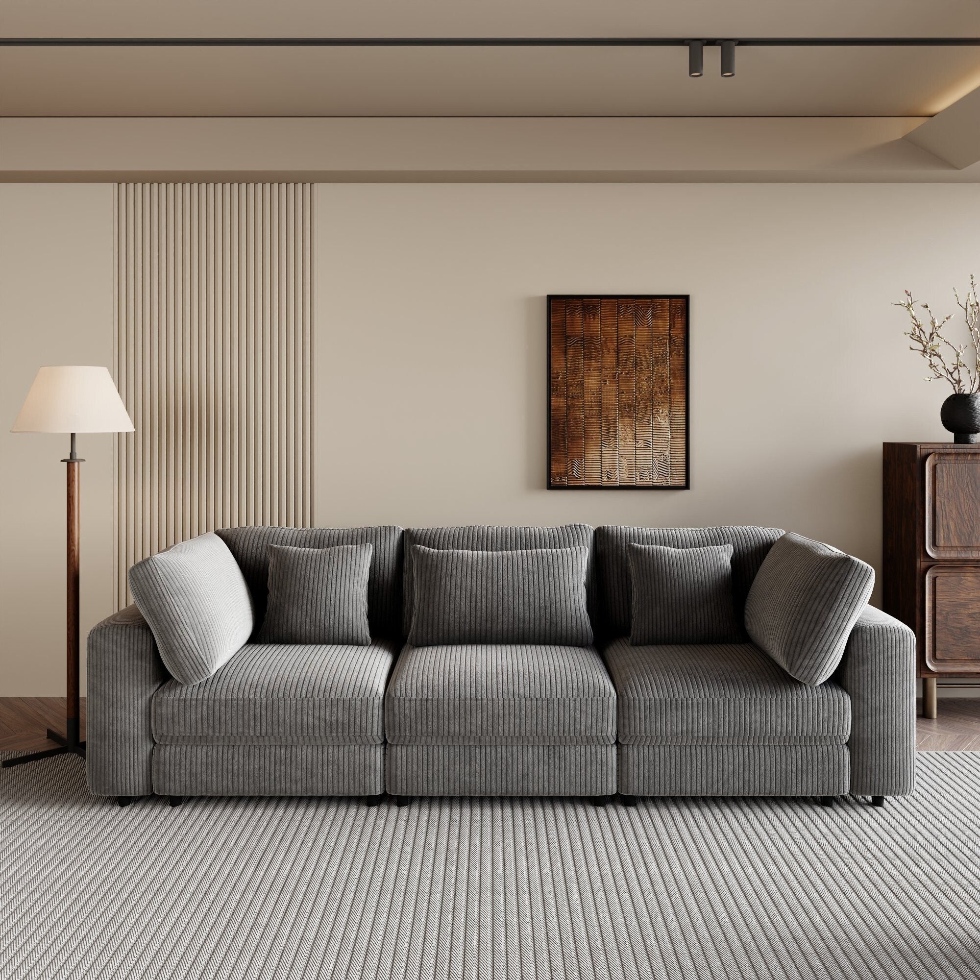 105 Corduroy Upholstered 3-seater Sofa with Removable Back Cushions and 5 Pillows for Living Room