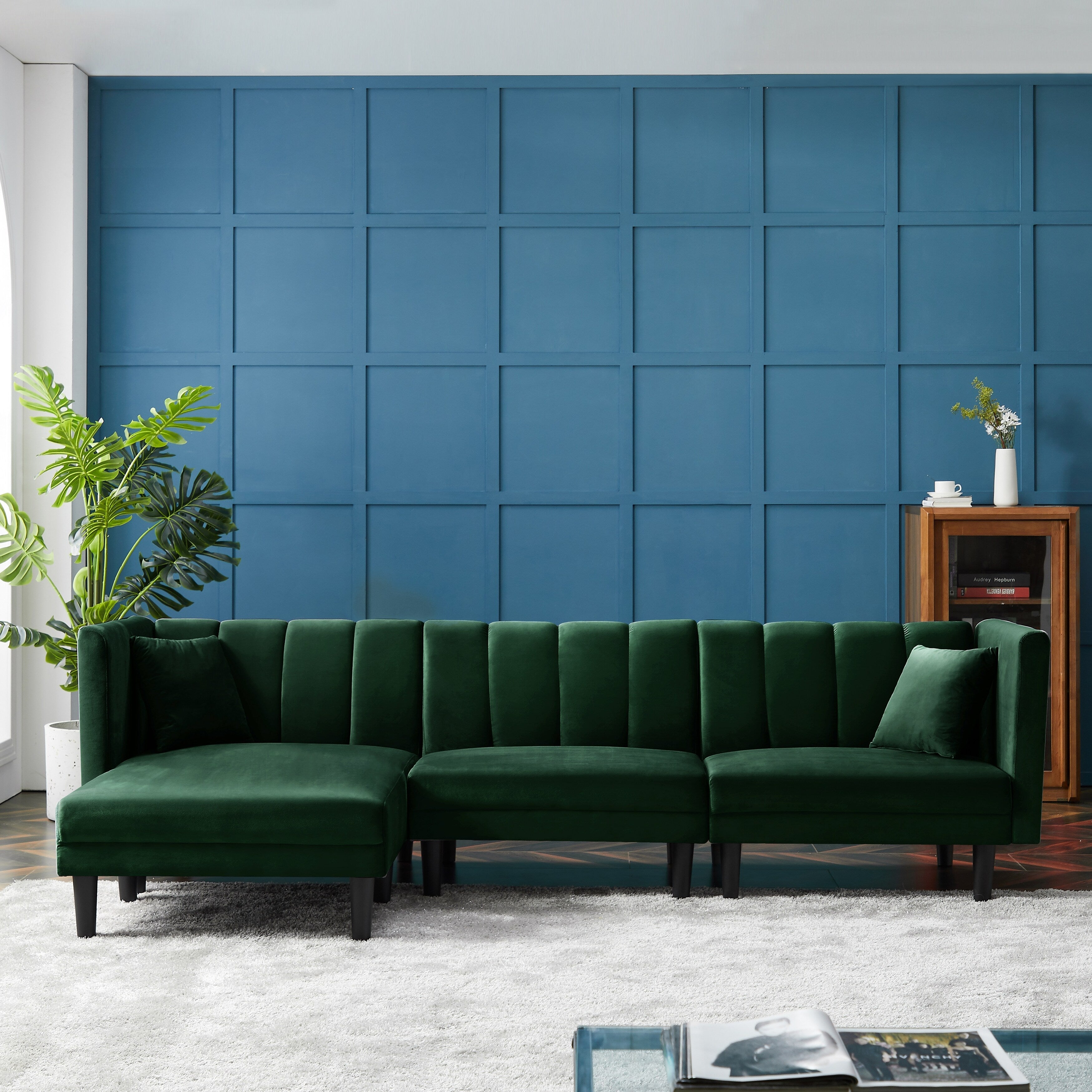 106.7'' Velvet Reversible 3-Seater Sectional Sofa with Convertible Sleeper and 2 Pillows