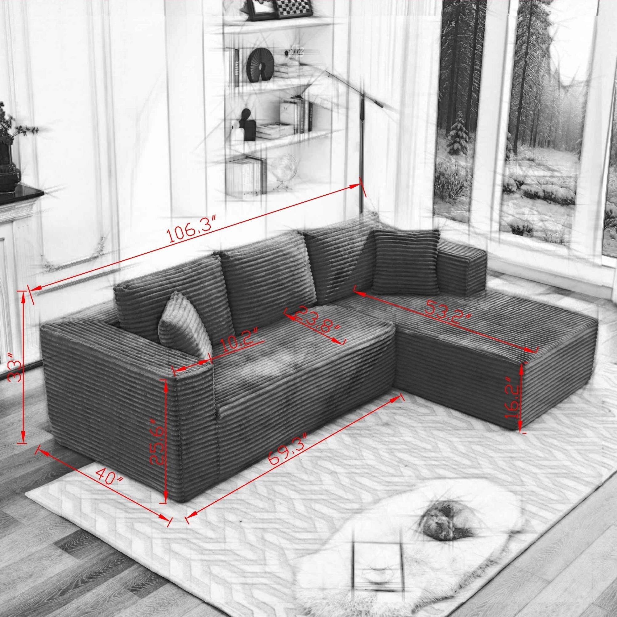 106 Cloud Sectional Couch L-Shape With Right Facing Chaise,Deep Seat Modern Modular Sofa For Living Room,No Assembly Required