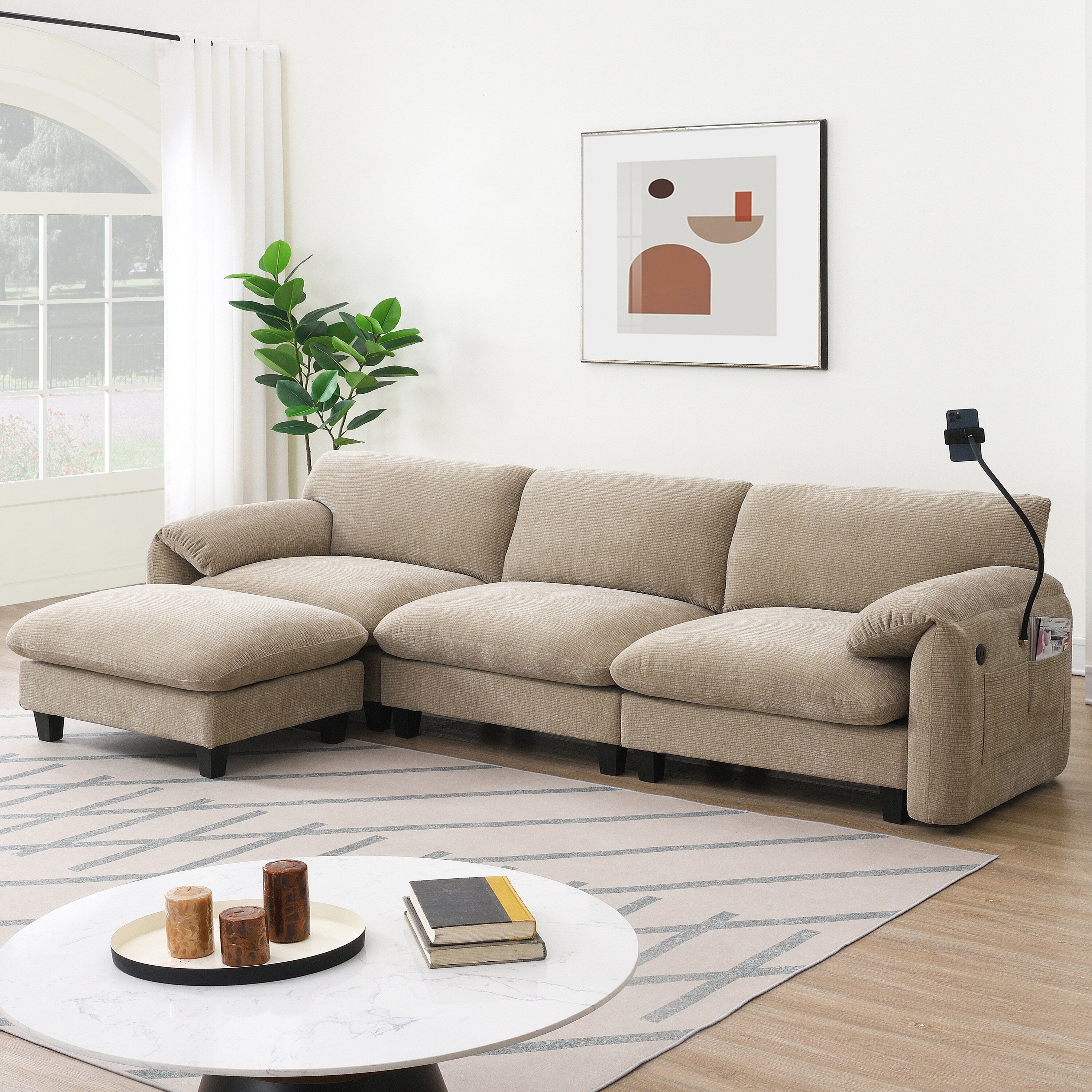 108 Inch Modular Chenille Sectional Sofa with USB and Type-C Ports, Phone Holders, Side Storage Pockets, Movable Ottoman