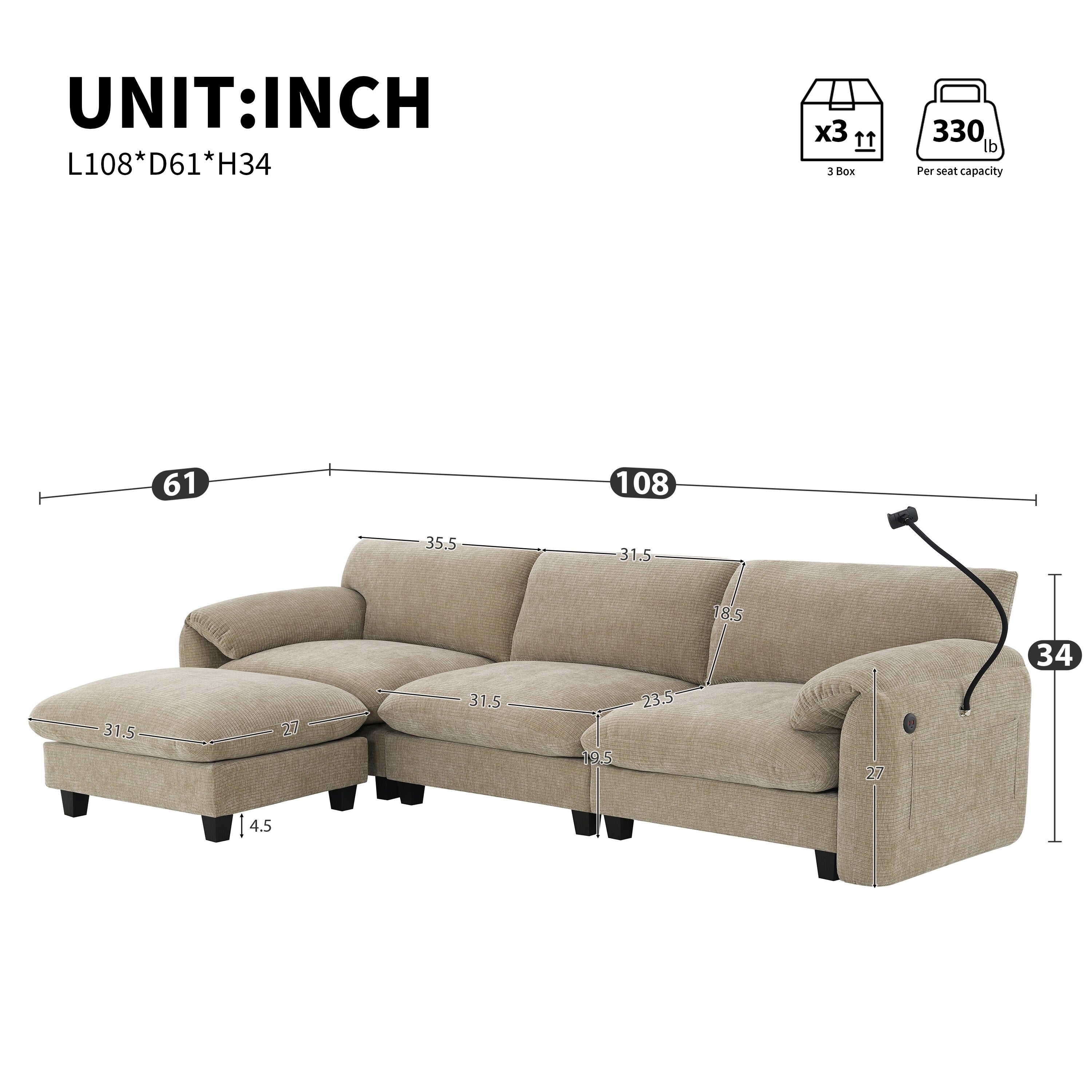 108 Inch Modular Chenille Sectional Sofa with USB and Type-C Ports, Phone Holders, Side Storage Pockets, Movable Ottoman