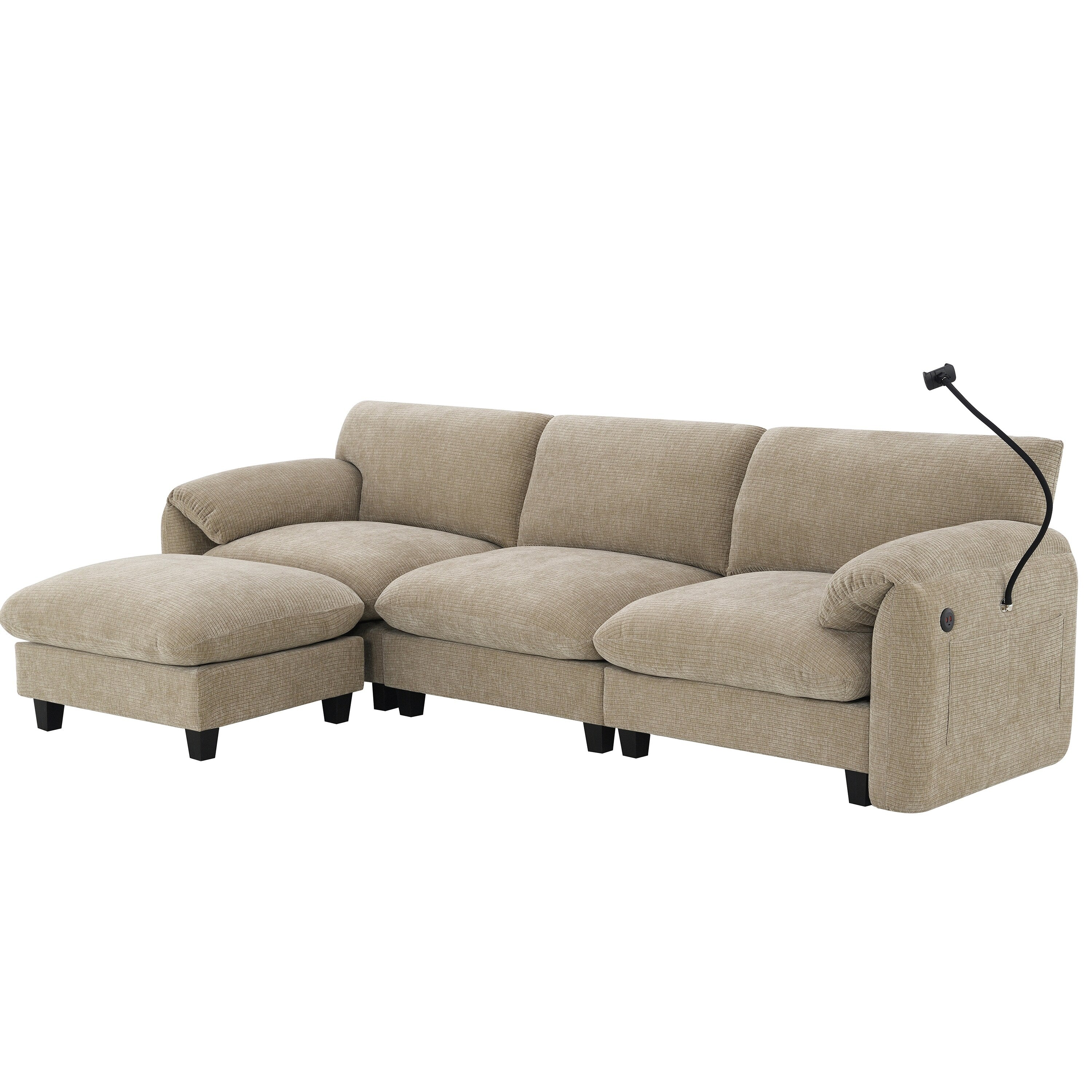 108 Inch Modular Chenille Sectional Sofa with USB and Type-C Ports, Phone Holders, Side Storage Pockets, Movable Ottoman