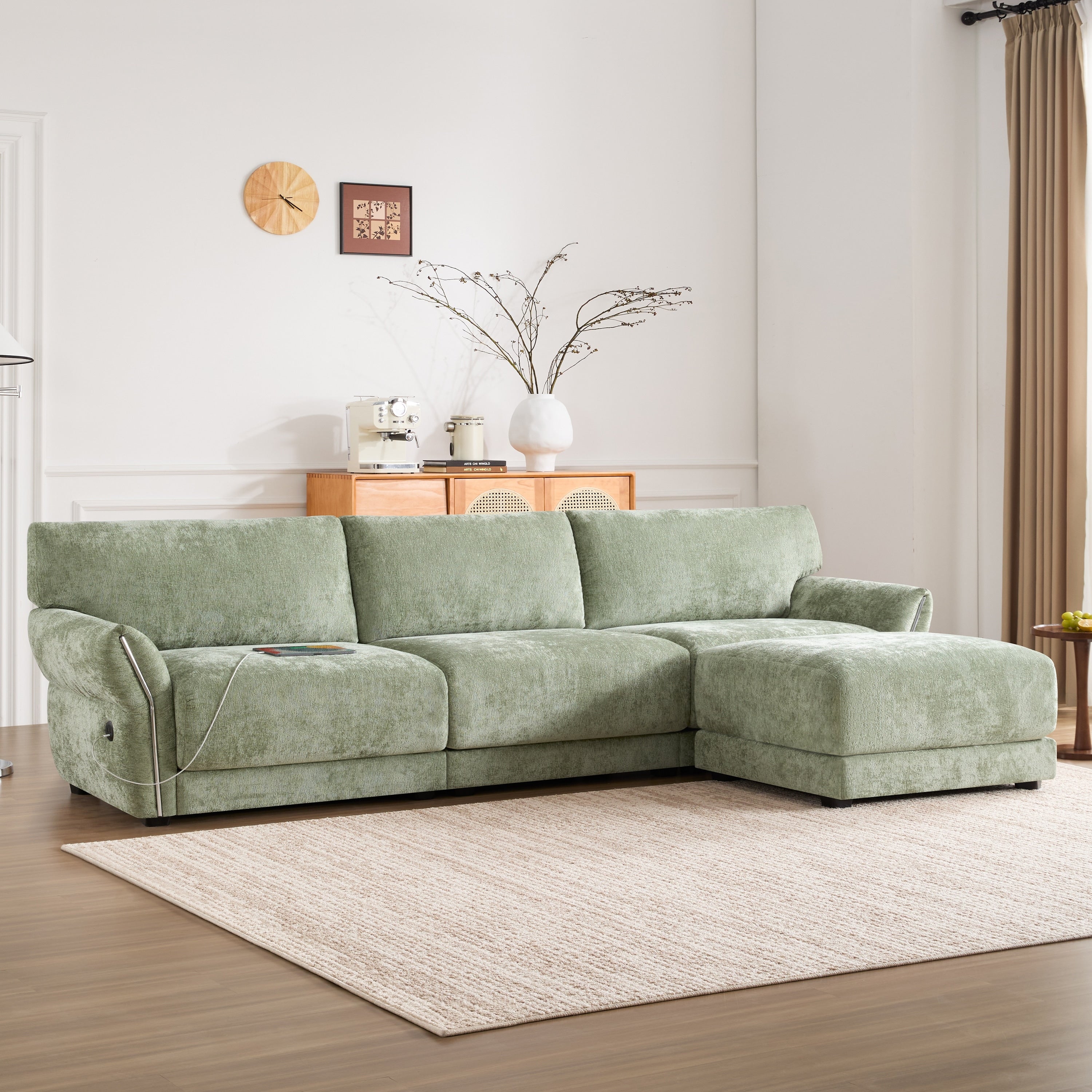 110 Inch L-Shaped Chenille Sectional Sofa with USB and Type-C Charging, Petal Armrests, Movable Ottoman for Living Room