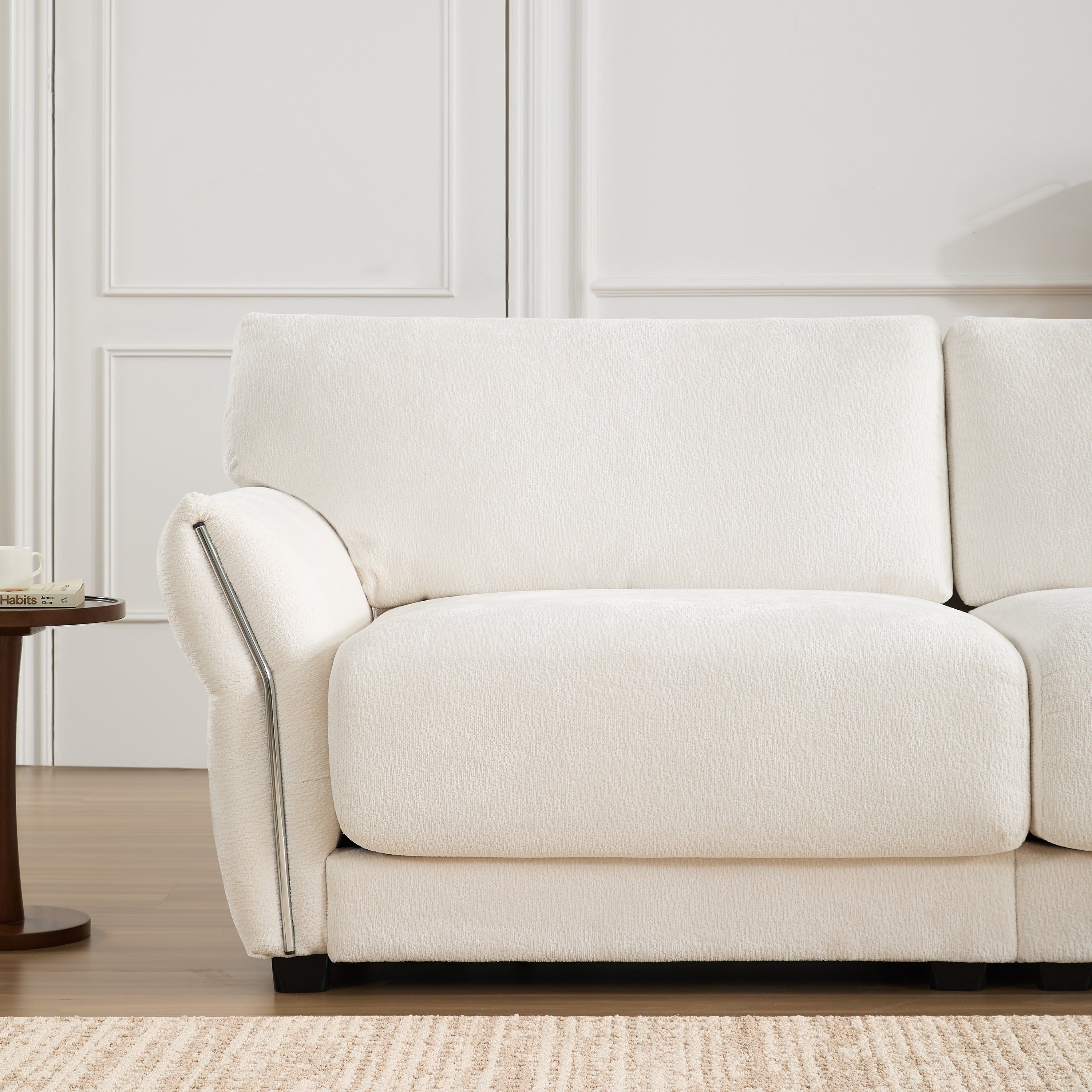 110 Inch L-Shaped Chenille Sectional Sofa with USB and Type-C Charging, Petal Armrests, Movable Ottoman for Living Room