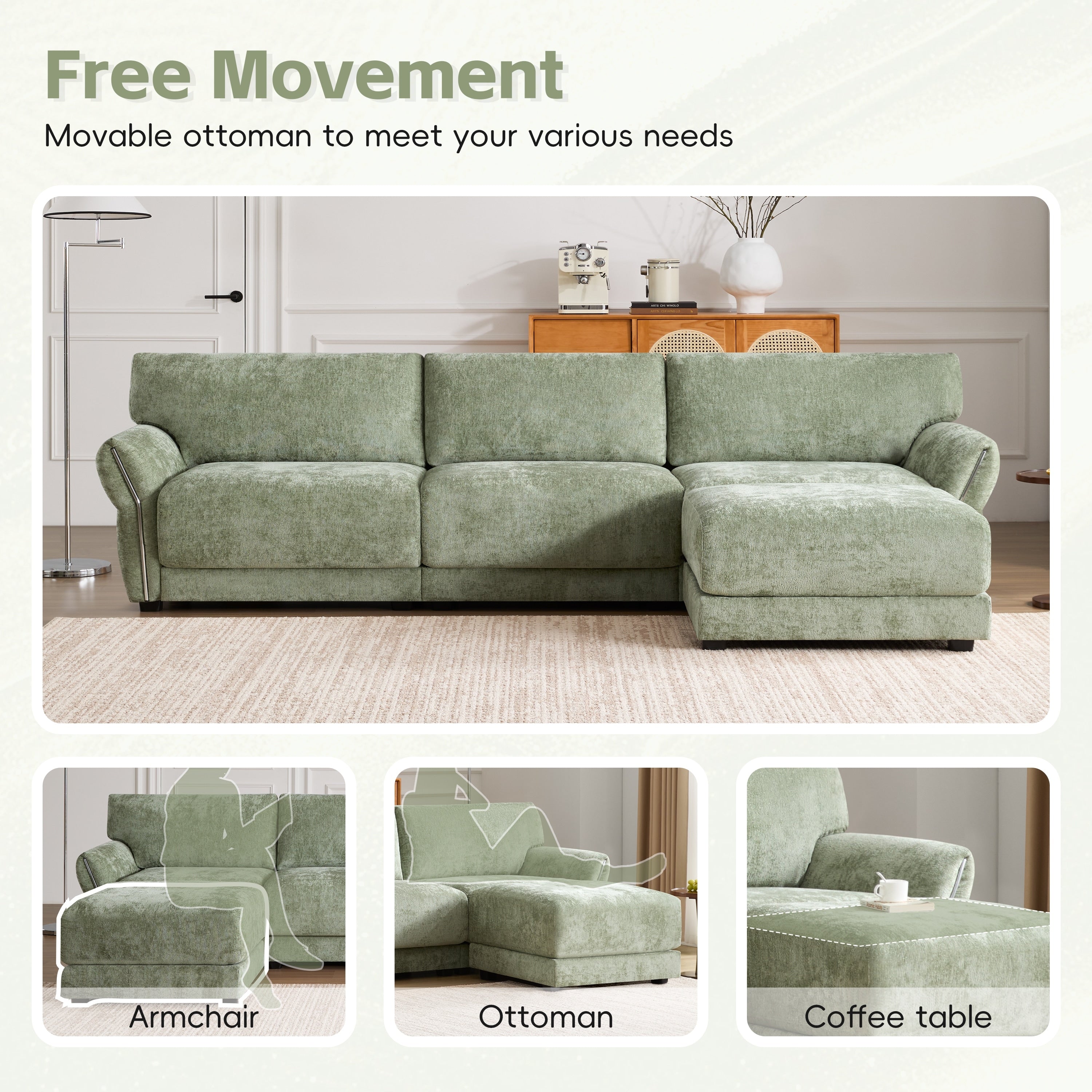 110 Inch L-Shaped Chenille Sectional Sofa with USB and Type-C Charging, Petal Armrests, Movable Ottoman for Living Room