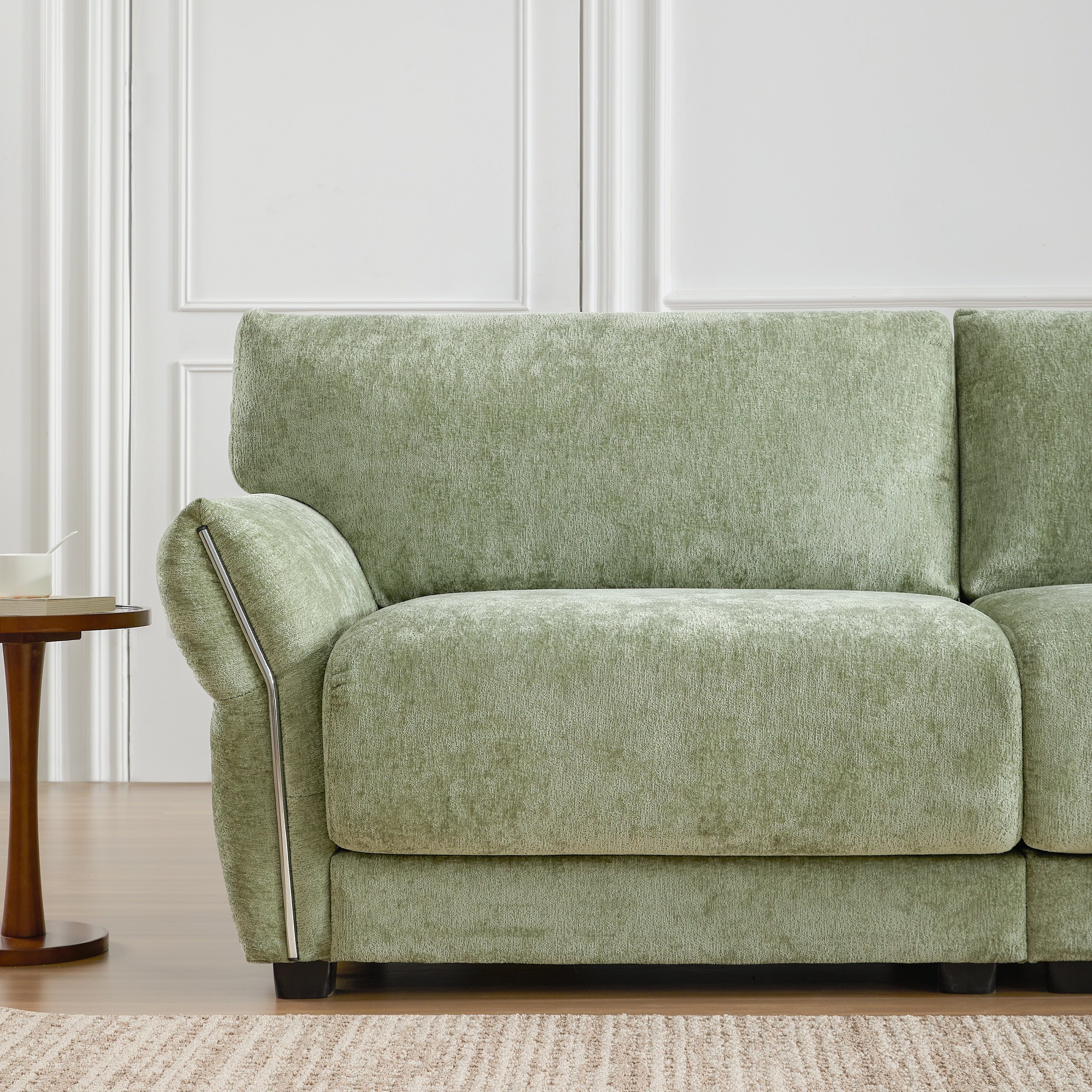 110 Inch L-Shaped Chenille Sectional Sofa with USB and Type-C Charging, Petal Armrests, Movable Ottoman for Living Room