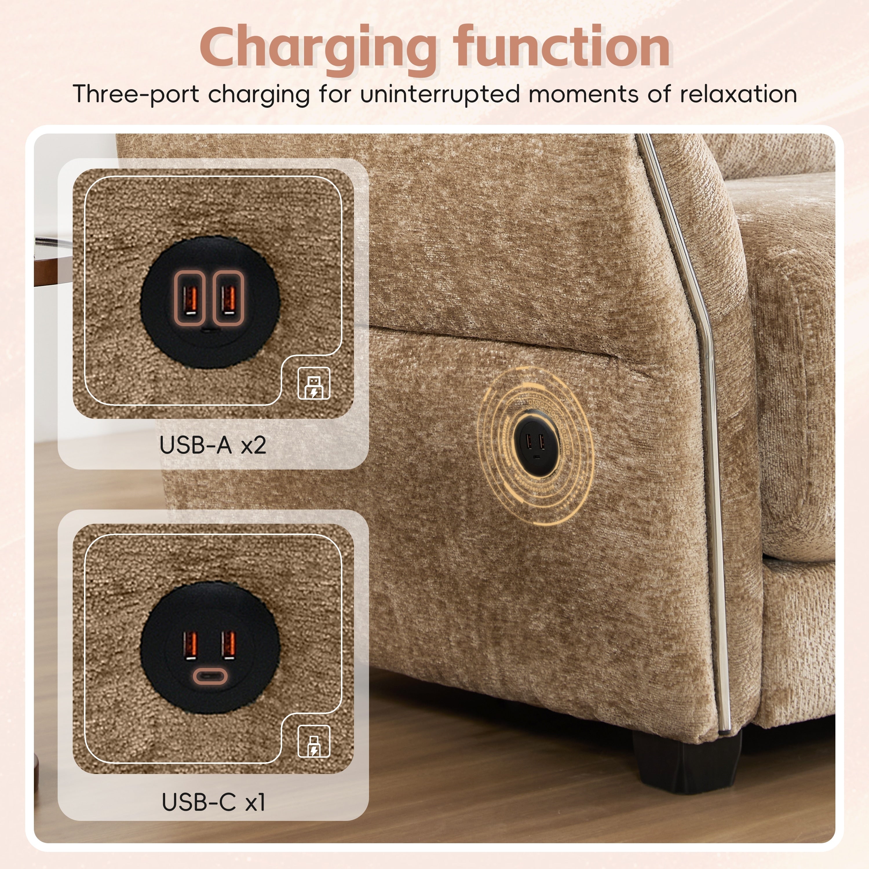 110 Inch L-Shaped Chenille Sectional Sofa with USB and Type-C Charging, Petal Armrests, Movable Ottoman for Living Room